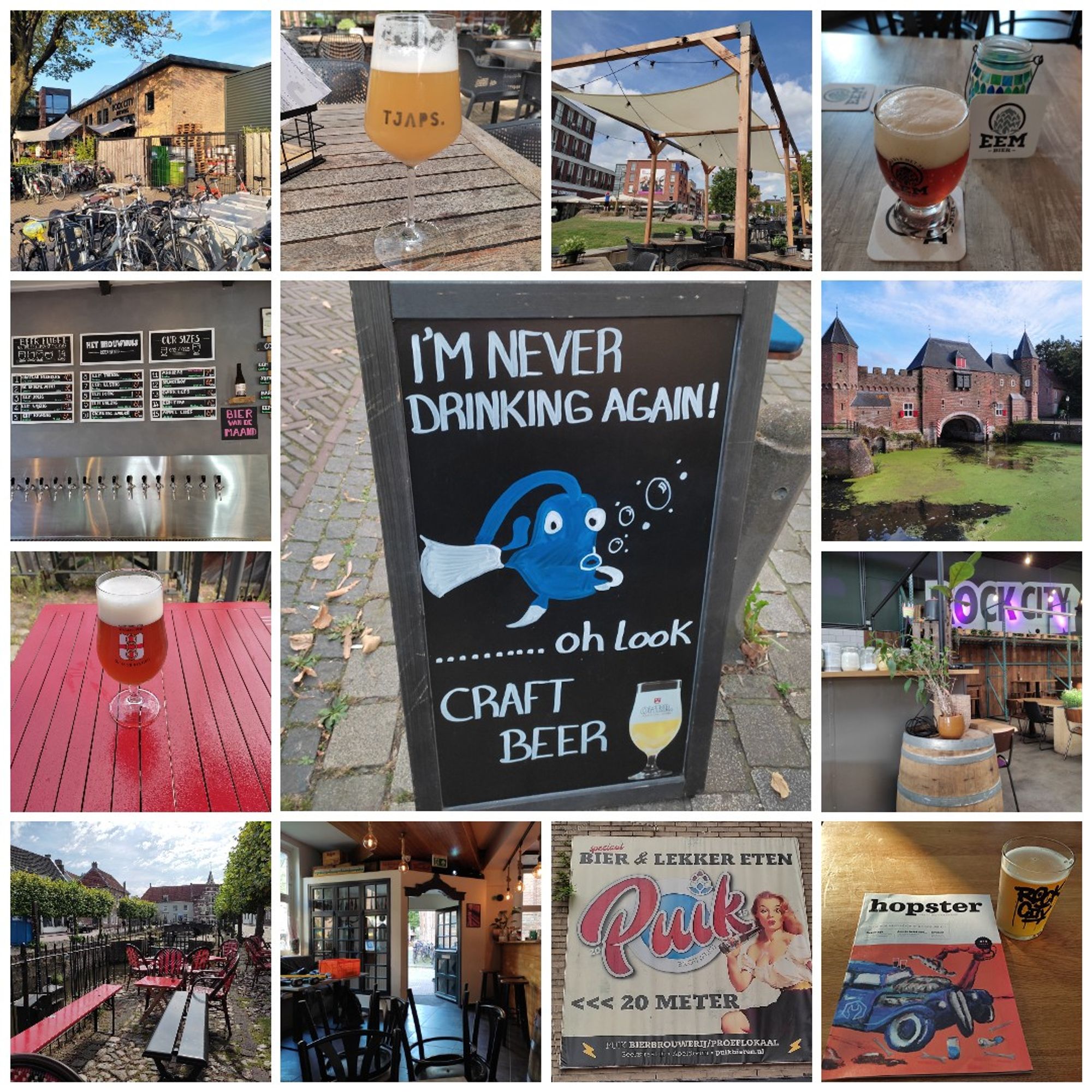 A collage w/ pictures of several different beers, brewpubs, beer taps, quaint Dutch canals.