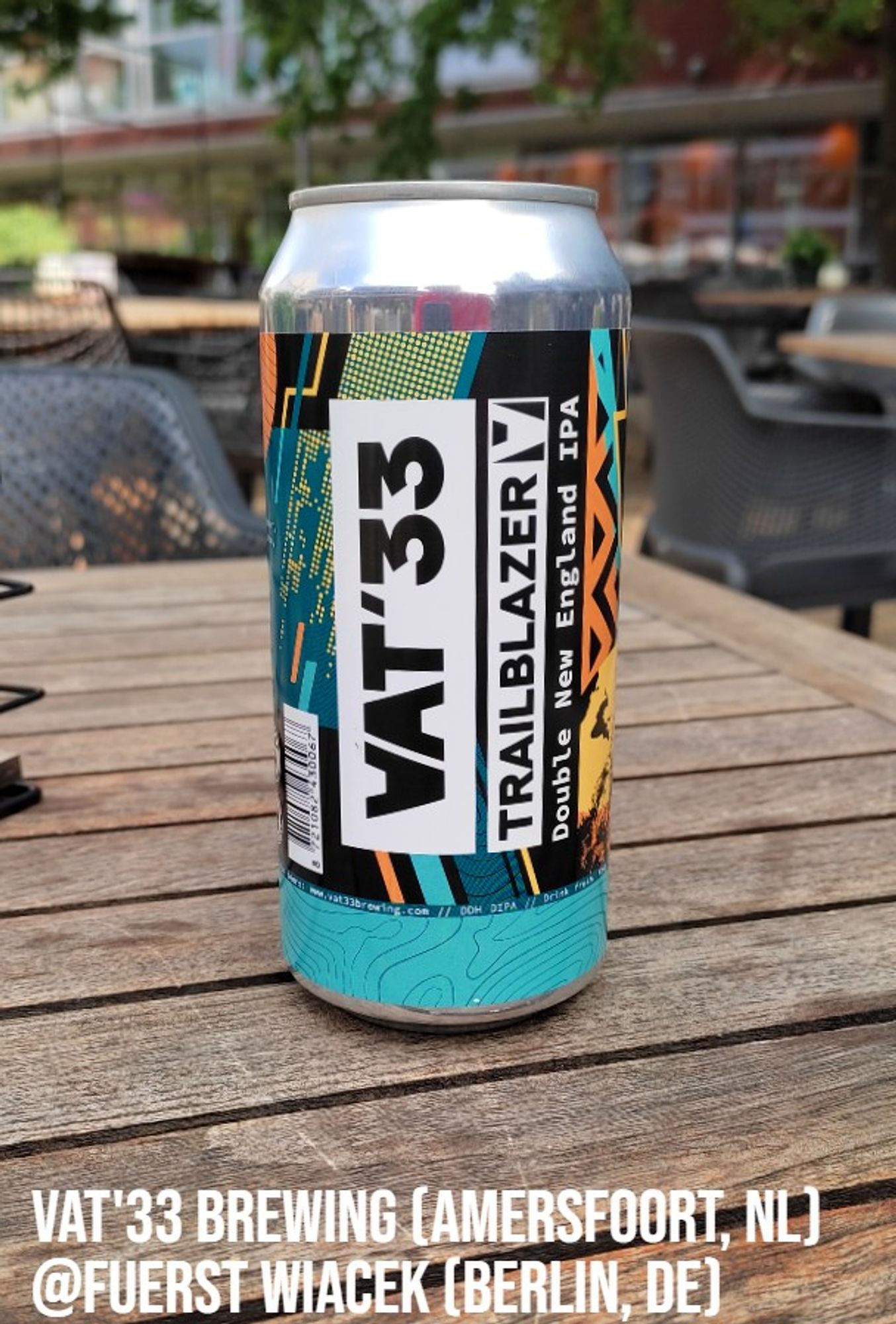 A 440 ml can of Vat'33 beer from Amersfoort, The Netherlands. The can is very colorful, with white and black dominating, and some green, turquoise, orange and yellow lines and slightly tribal motifs.