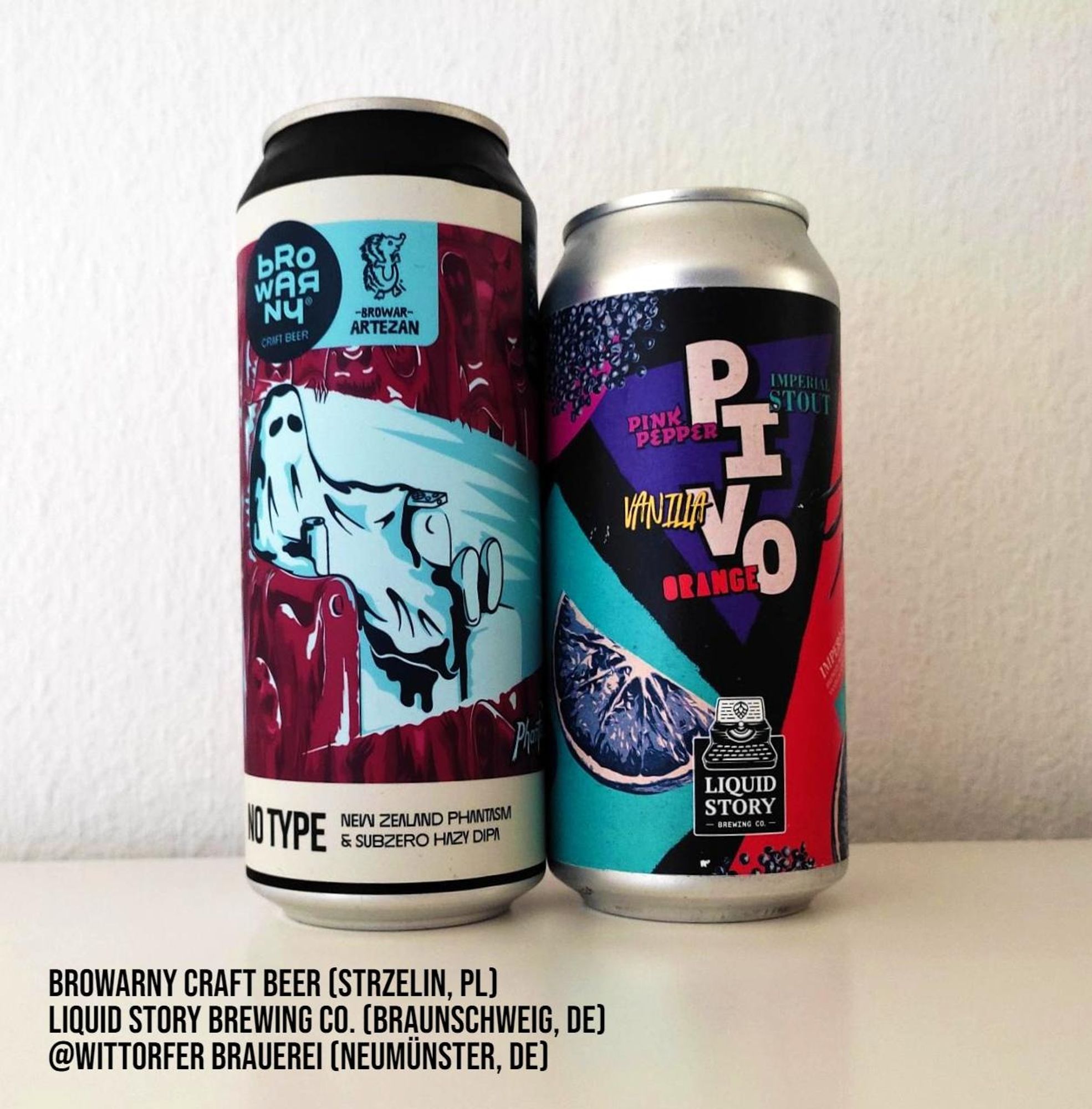 A 500 ml can of beer by Browarny Craft Beer from Strzelin, Poland, and a 440 ml can of beer by Liquid Story Brewing Co. in Braunschweig, Germany. Both cans are very colorful.