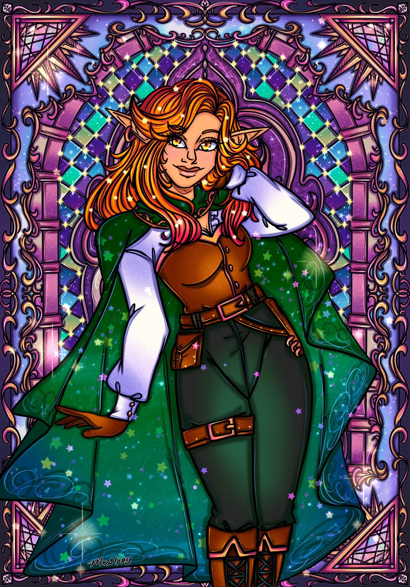 Drawing of a woman with blonde hair and yellow eyes. She has pointy ears and a slender figure. A green cape is shown flowing at her sides with some colorful stars. She also has on a brown vest on top of a white blouse. Dark green pants and brown boots. The background consists of a blue and purple mosaic style pattern. Around it are golden swirl borders and some stained glass in the corners.