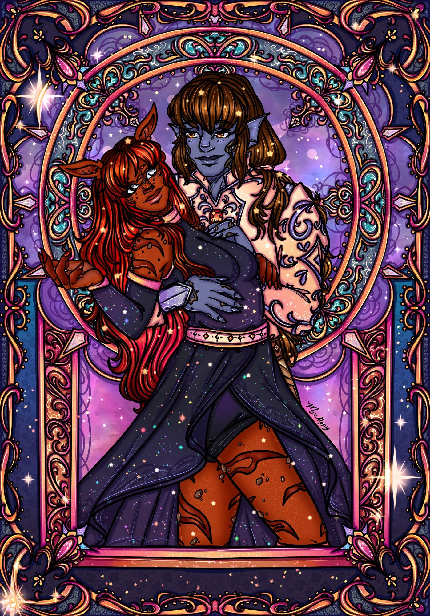 A couple drawing of a man and woman. The woman is a deer humanoid with long, red hair and dark brown markings. She also has rock freckles across her body. She’s wearing a black dress that opens at the side. Filled with rainbow stars. The man is a fish humanoid with long, brown hair tied back. Blue skin, brown markings. He’s holding onto her gently and looking at her softly. The background consists of a circular border filled with golden swirls. The galaxy and stars in the middle of it.