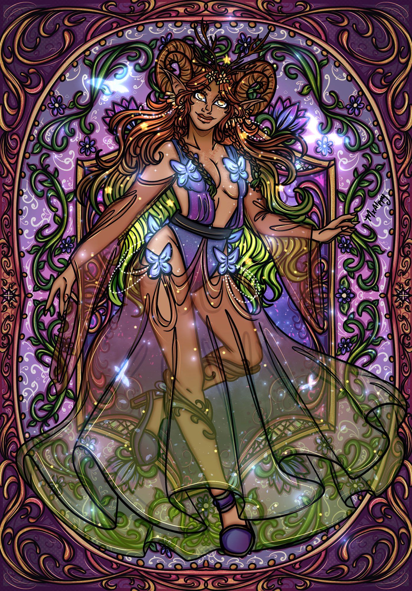 Drawing of a World of Warcraft character. She has horns atop her head that swirl in. Long brown hair that goes into a green color. She has sheer sleeves and a sheer skirt that goes on top of a blue and purple one piece suit. Blue butterflies are on the outfit and around her. There’s a dark purple border. With golden swirls.