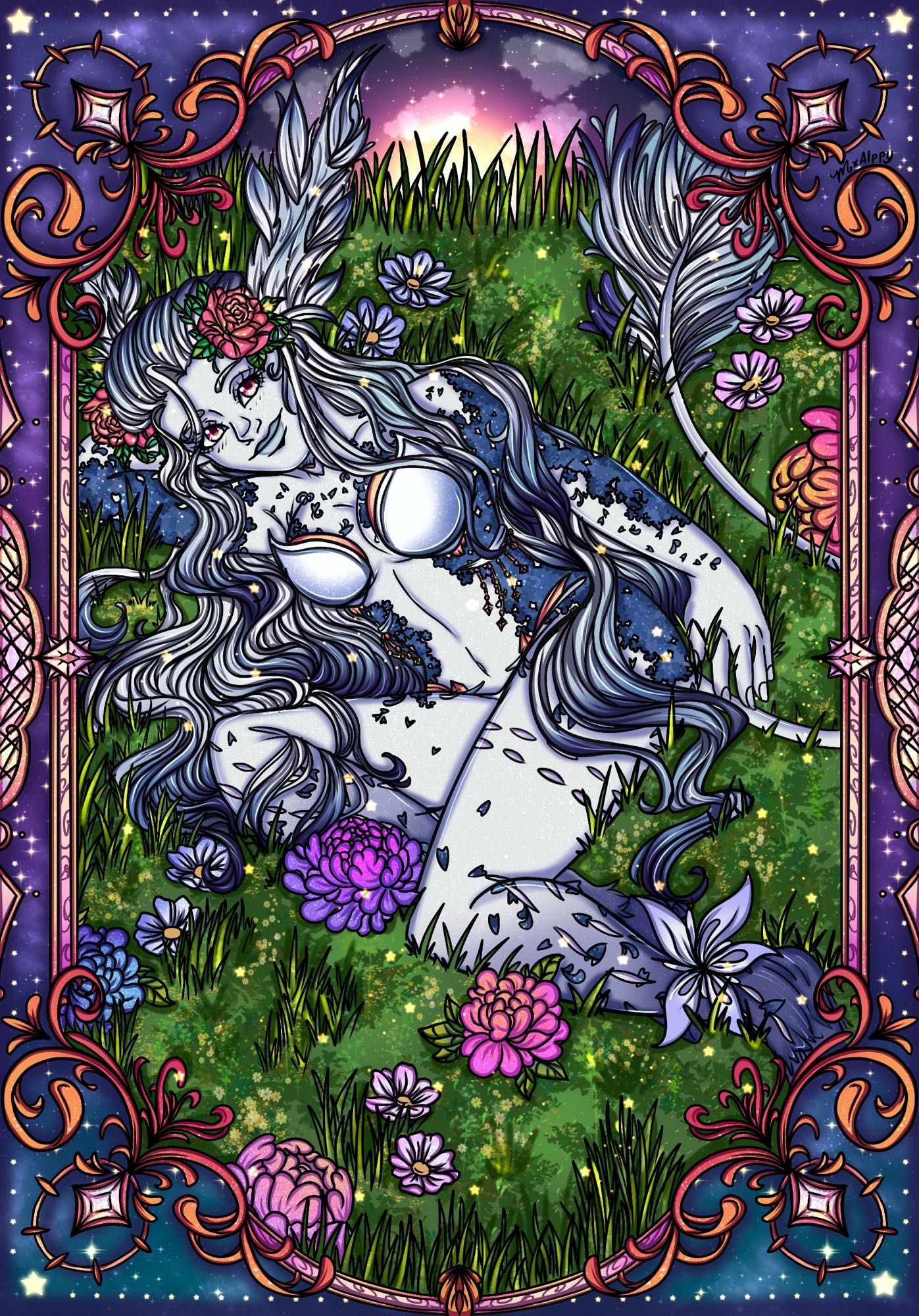 Drawing of a white and blue satyr character laying down on her side in the grass. The grass has many different colorful flowers and yellow specs of light. The sunset can be seen at the top. There’s a blue and purple border around the scene. With stars lined up on the edges.