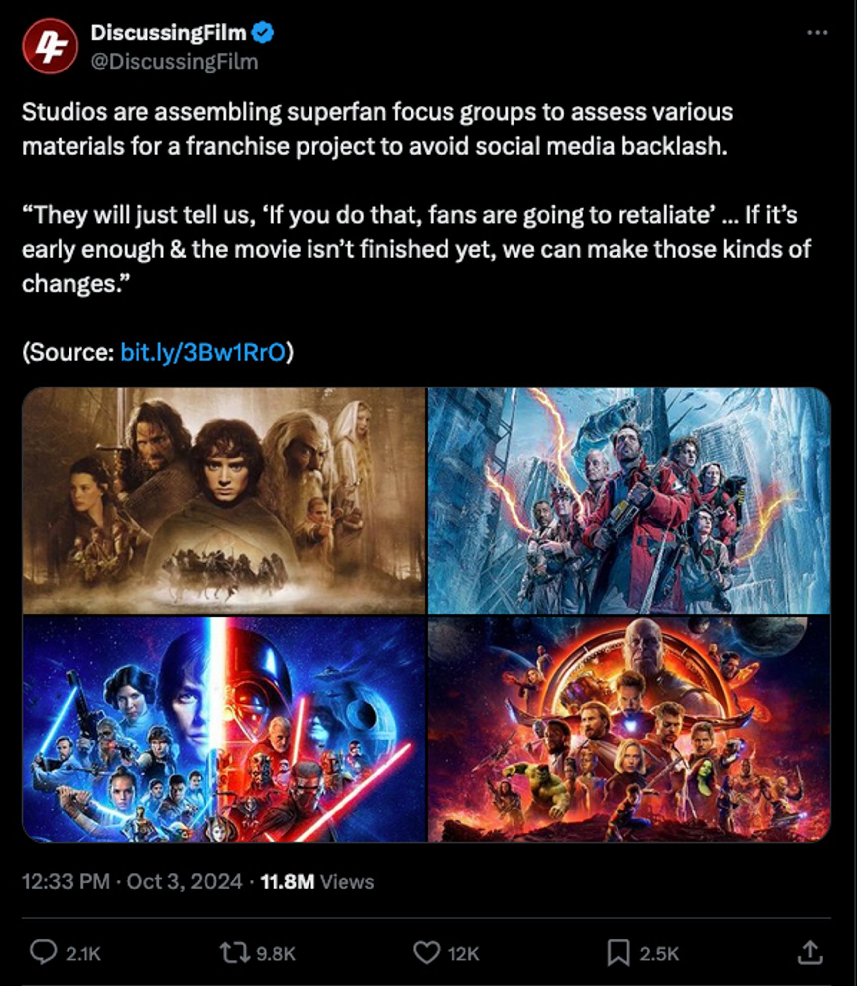 screenshot from X/Twitter of the DiscussingFilm account from Oct 3, 2024: "Studios are assembling superfan focus groups to assess various materials for a franchise project to avoid social media backlash. 'They will just tell us, 'If you do that, fans are going to retaliate' ... If it's early enough & the movie isn't finished yet, we can make those kinds of changes.'" Includes poster screenshots from Lord of the Rings, Ghostbusters, Star Wars, and the MCU