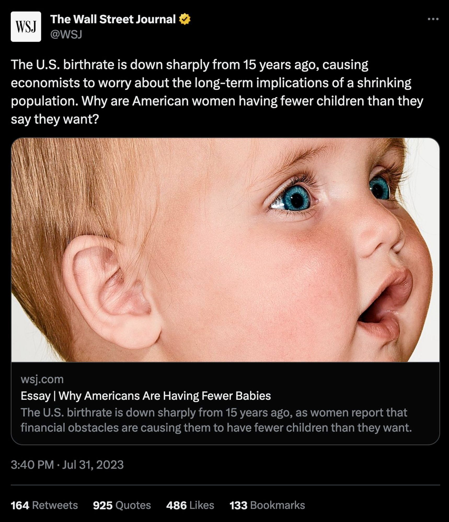 wsj headline about the falling us birthrate. "why are american women having fewer children than they say they want"