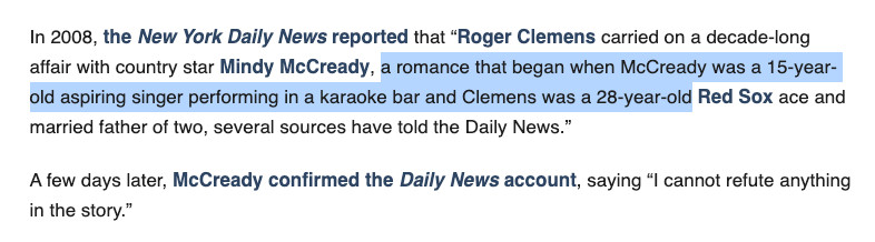 snip from a beyond the box score article talking about roger clemens dating a 15 year old when he was 28