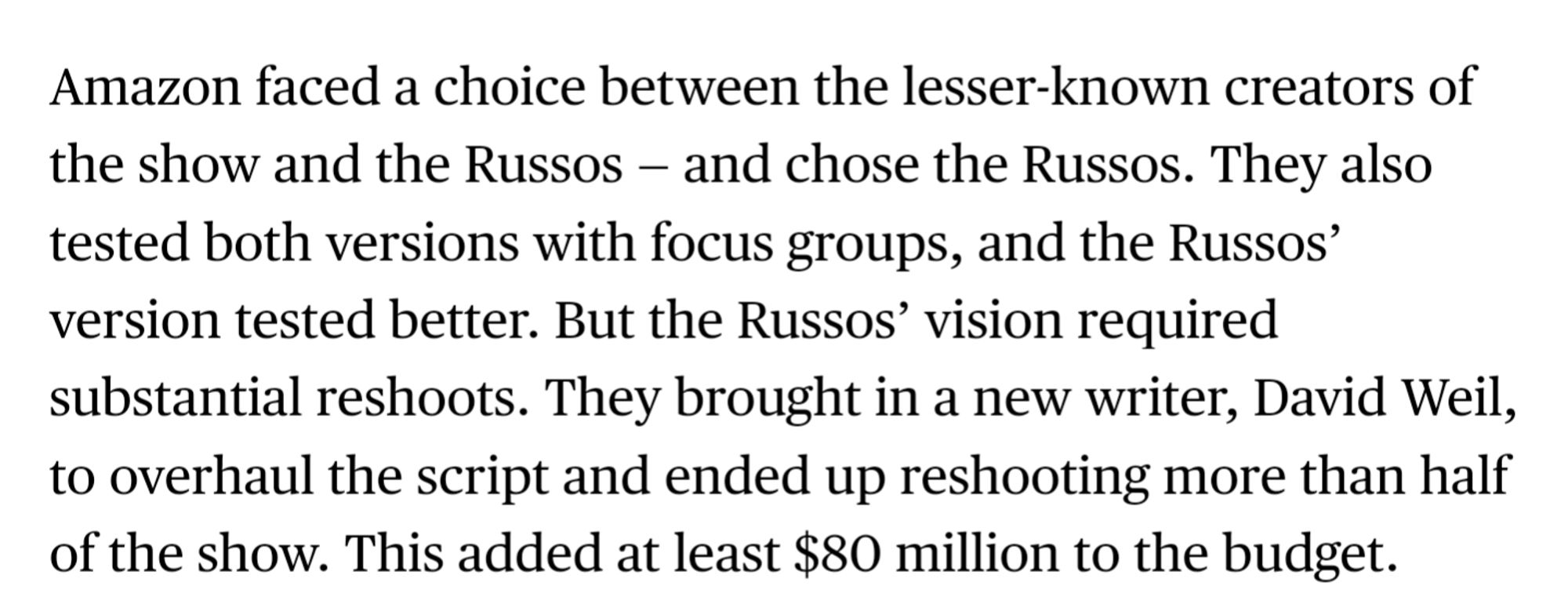 Screenshots from the article describing "Citadel"'s costly reshoots