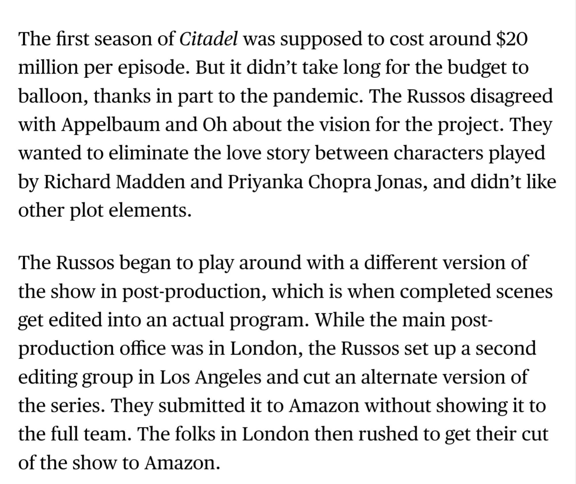 Screenshots from the article describing "Citadel"'s costly reshoots