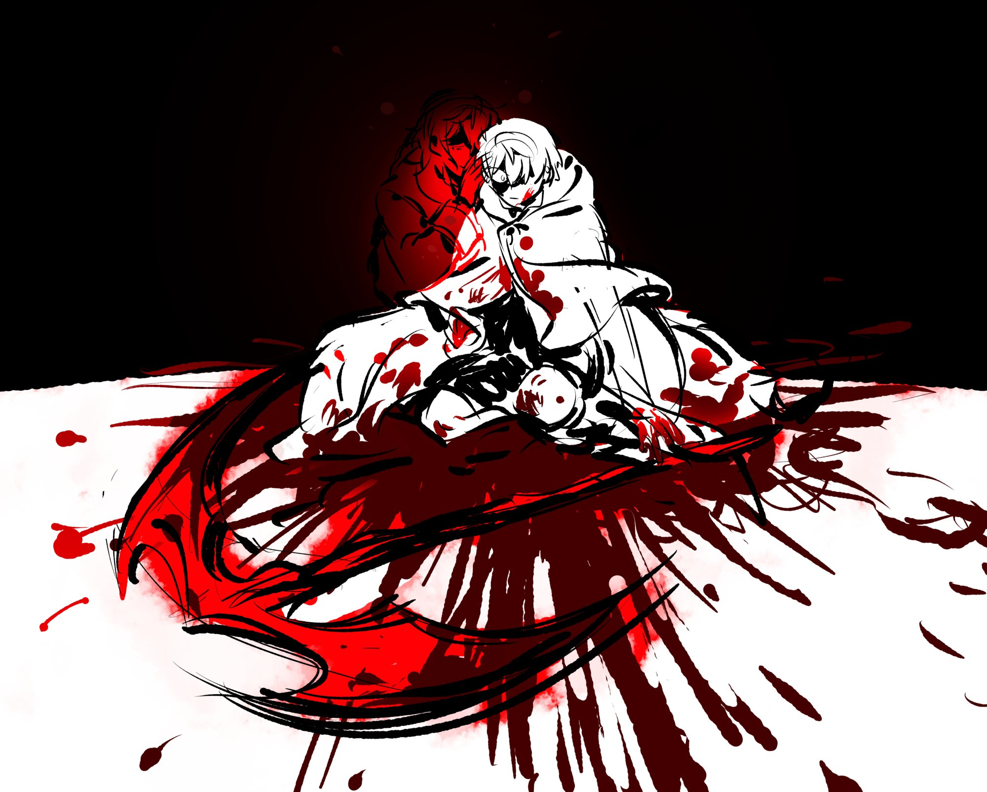 sketch of oz kneeling on the ground, surrounded by splattered blood, with a large scythe on the floor in front of him. jack is whispering in his ear from behind him, mostly obscured by a black void