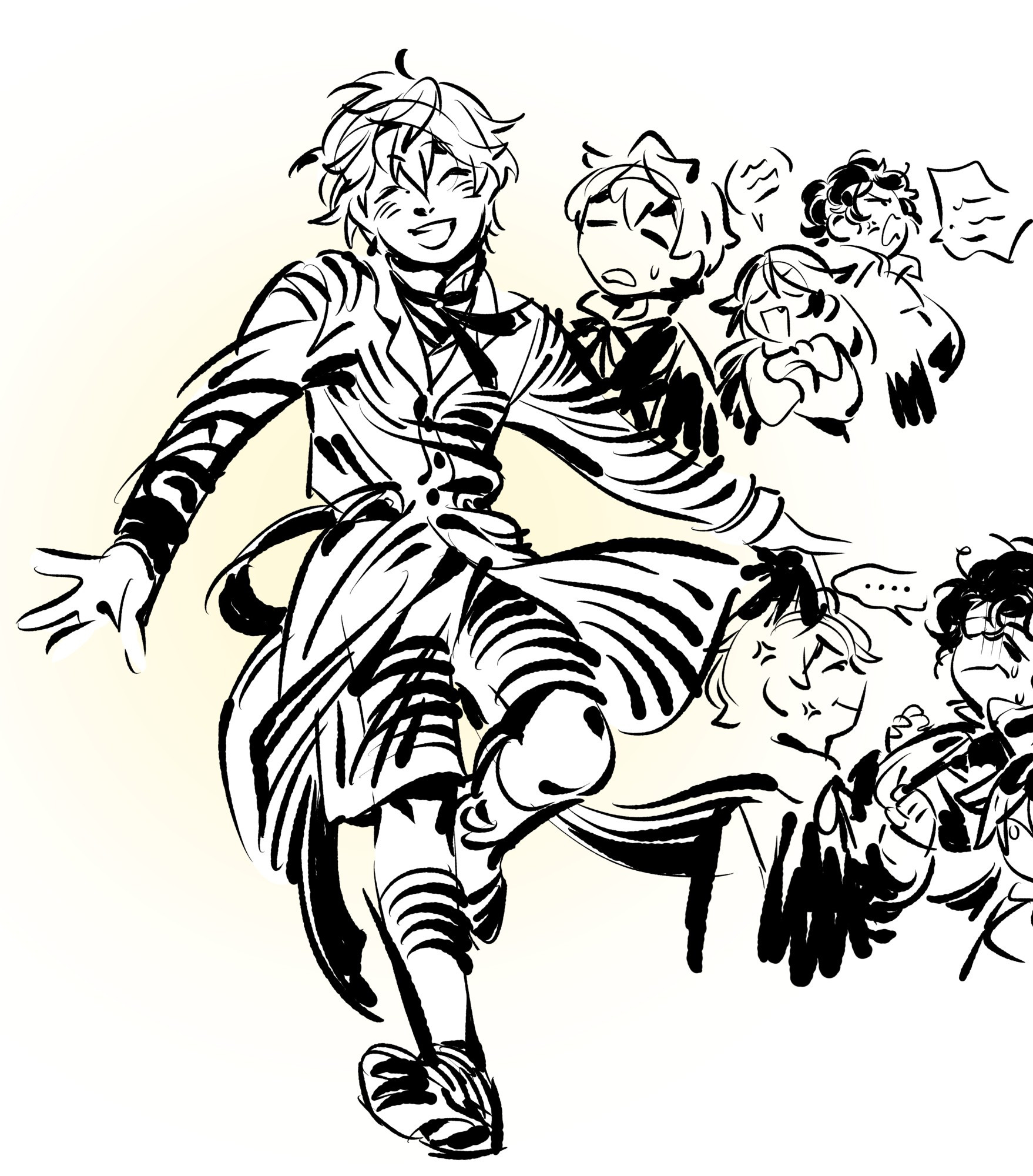 sketch of oz taking a happy step towards the viewer. a second sketch of gil and alice arguing behind him, and a third sketch where oz grabs gil's cravat in a threatening manner