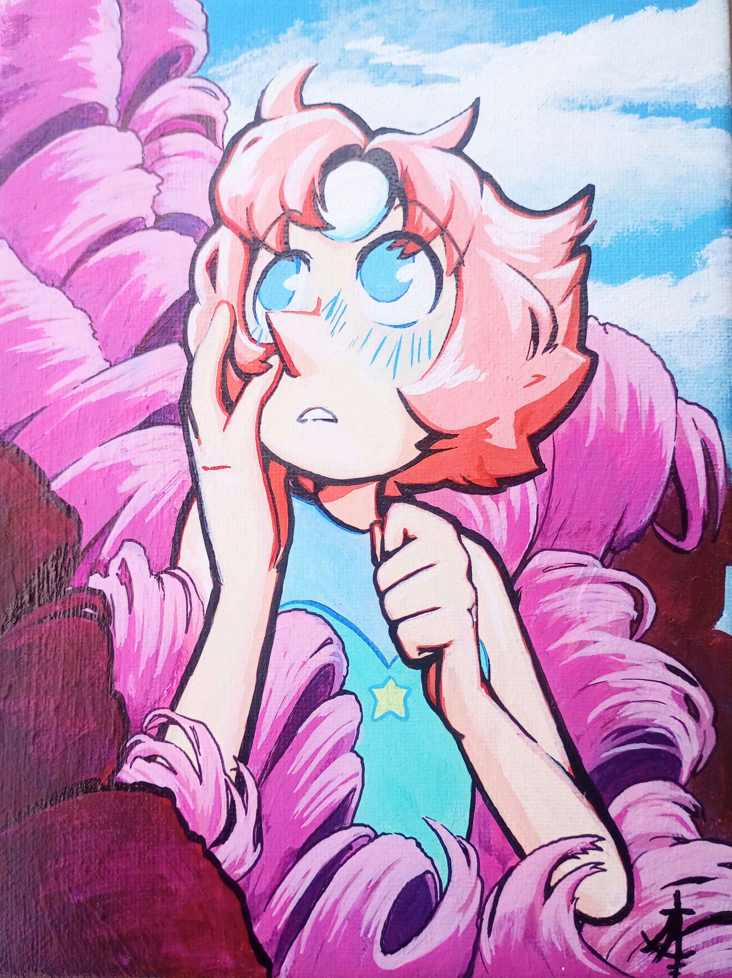 An image of Pearl from steven universe surrounded by a mass of pink curly hair as if the wind is blowing it in her direction. it is implied to be from rose quartz. Pearl is blushing resing her right hand on her face and holding her other hand to her chest, her hair windswept as well as she looks off to the left where the hair is coming from. the back ground is a light blue sky with clouds.