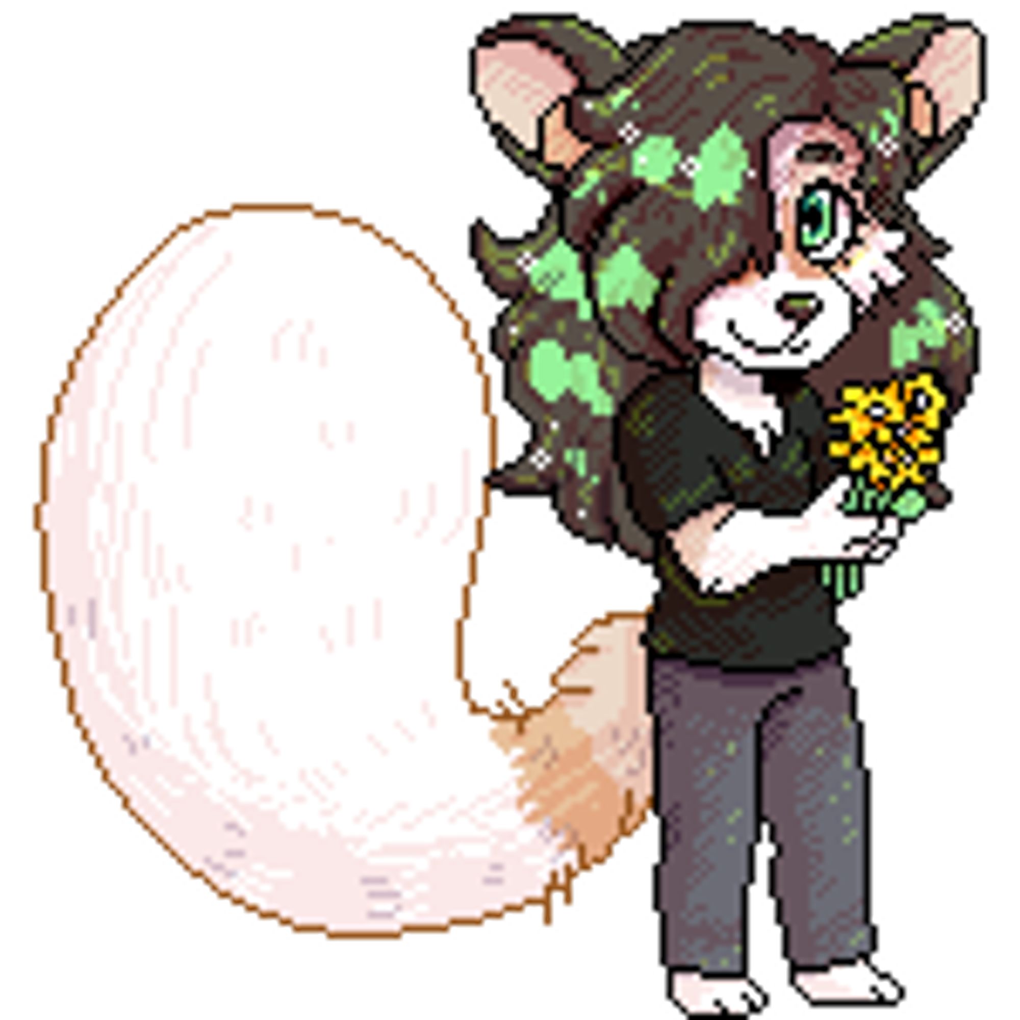 A pixel doll of an anthro fox named Koda, holding flowers.