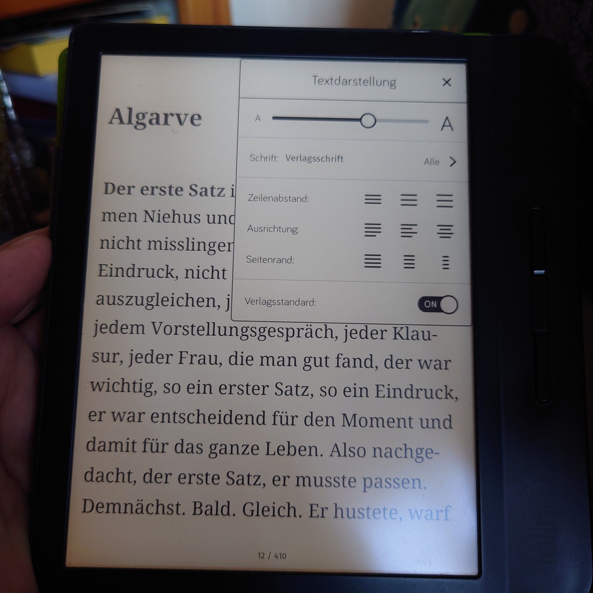 Menü des Tolino Vision 5 für die Textdarstellung.