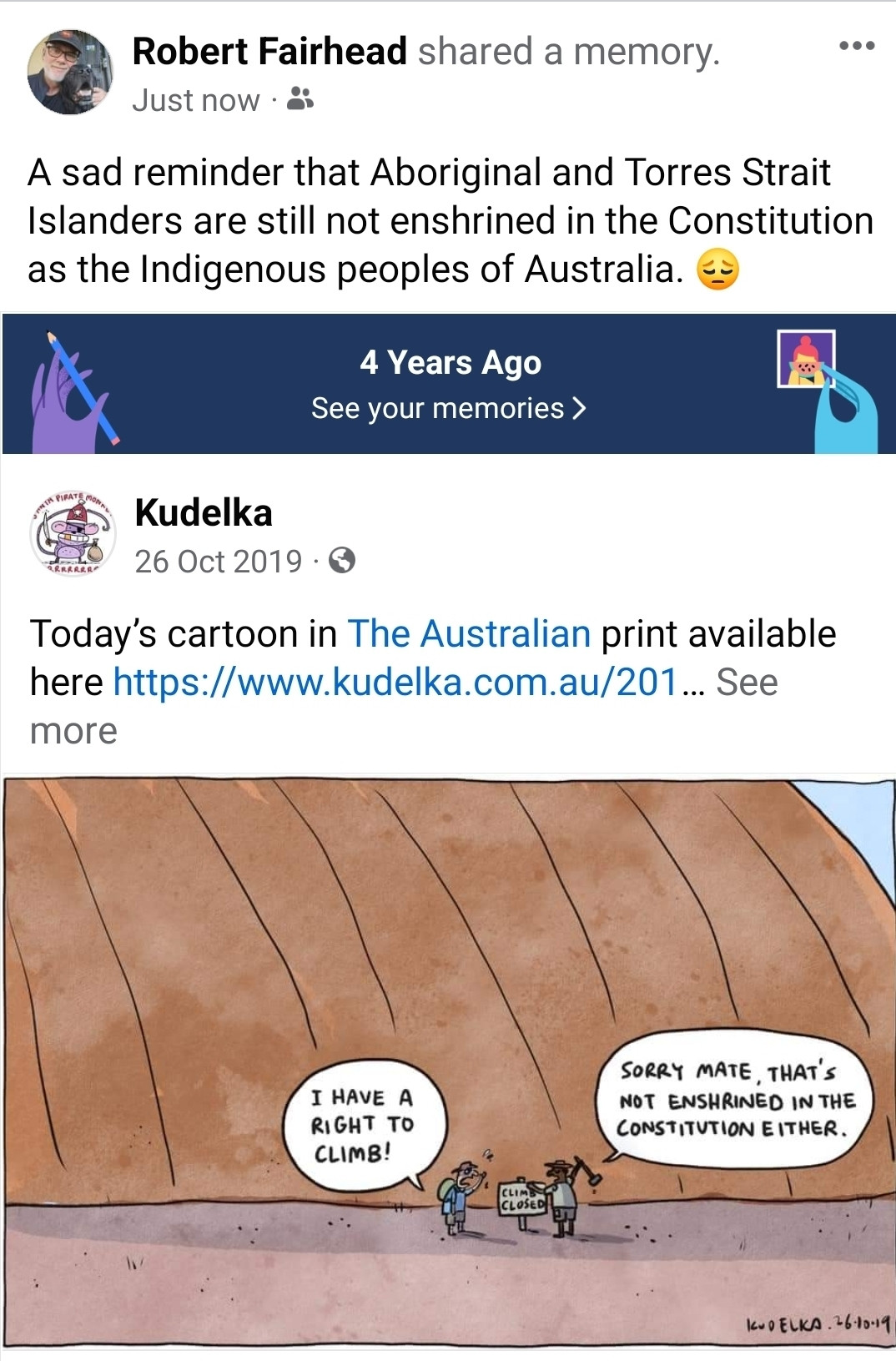 Screenshot of a Kudelka cartoon with an Indigenous ranger explaining to a white tourist that his right to climb Uluru is not enshrined in the Constitution, either!