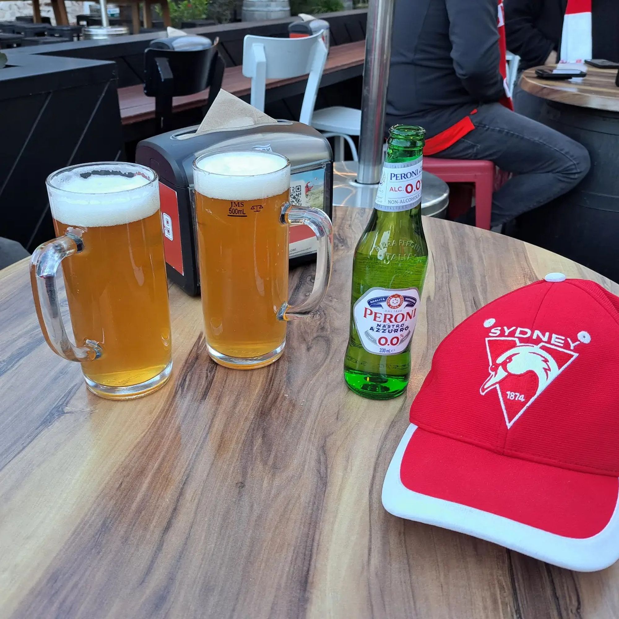 Photo of 2 full-strength beers next to my Peroni and Sydney Swans cap.