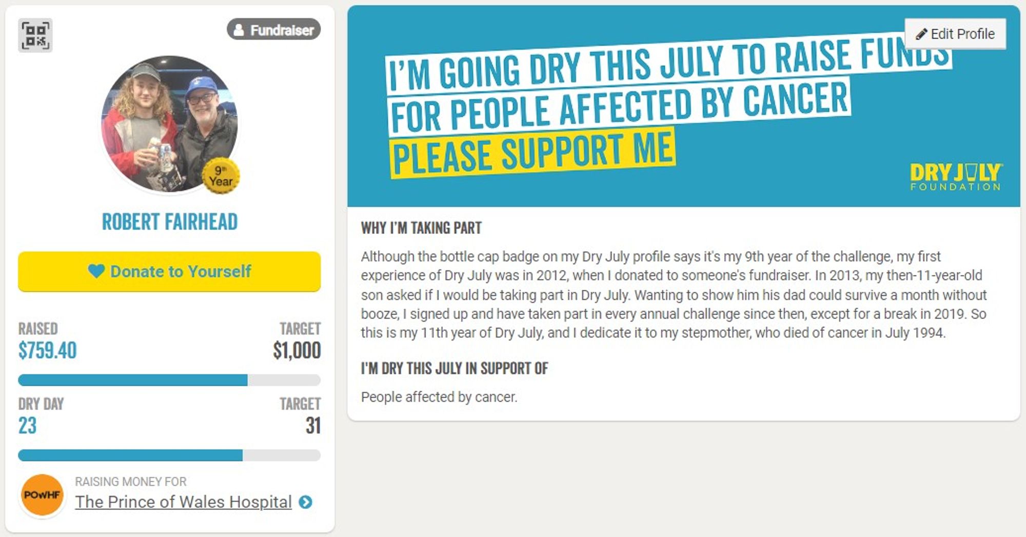 Screenshot of my Dry July profile and donations page with my revised $1000 fundraising target.