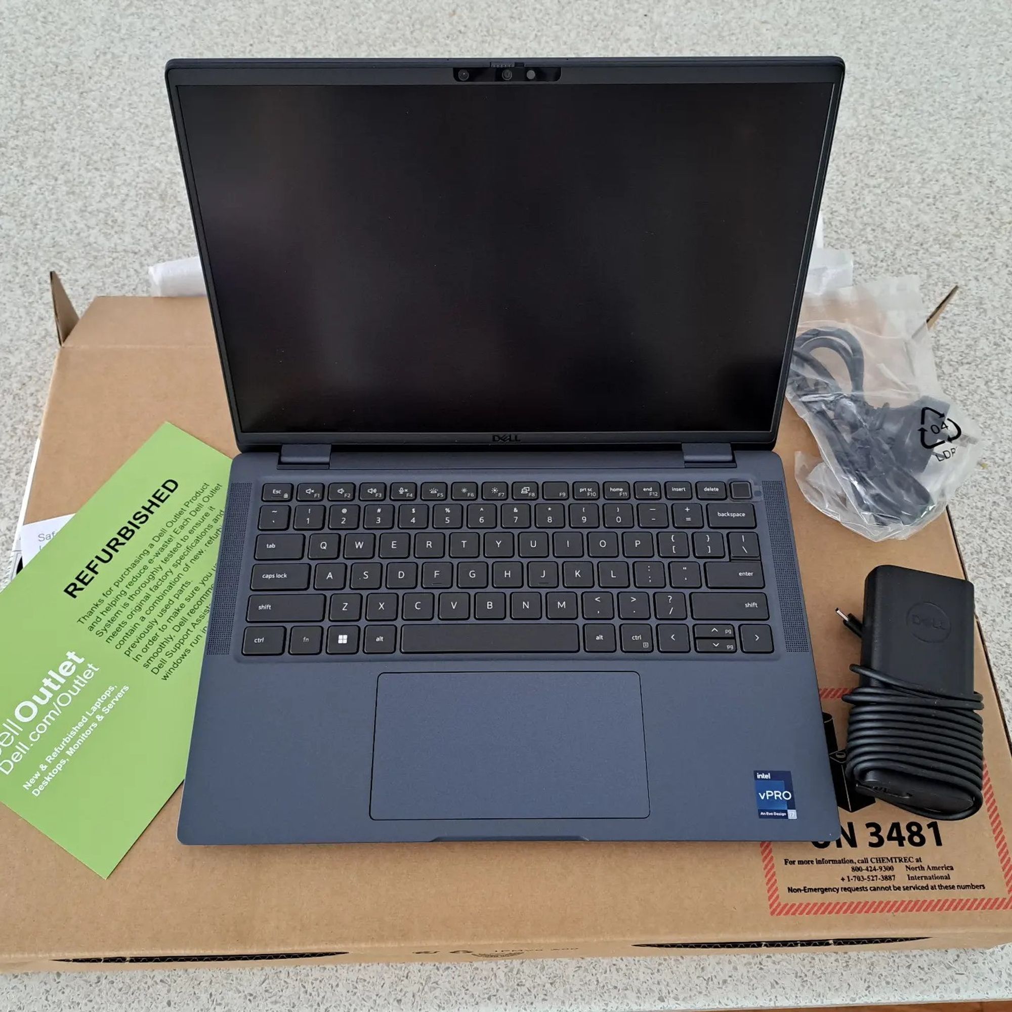 My refurbished Dell Latitude laptop out of the box with the lid open.