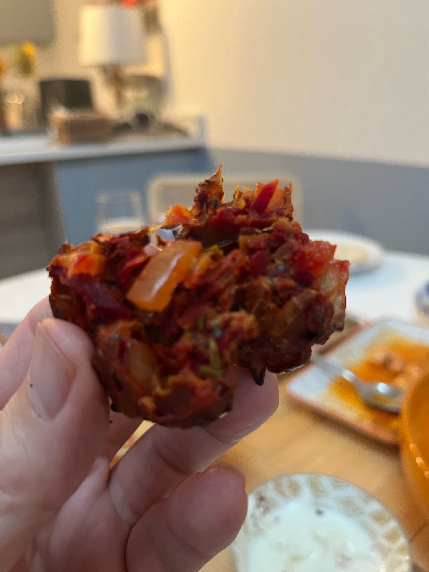 A beetroot pakora, open and steaming. Fucking lush