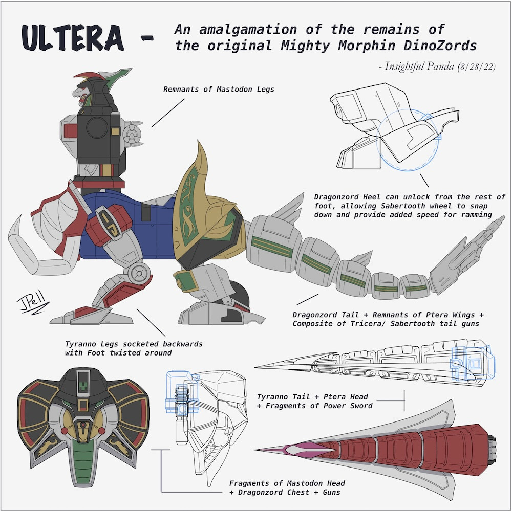 Side view of the long, twisted amalgamation of the original Mighty Morphin Power Rangers Dino Zords