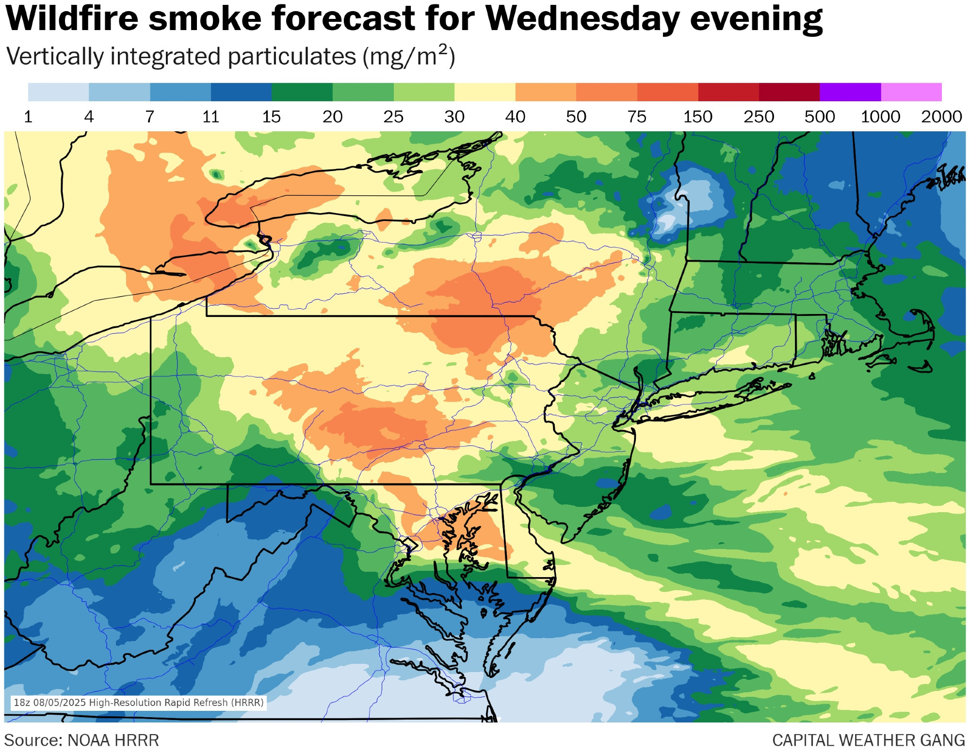 wildfire smoke forecast from the HRRR weather model shows a denser portion of the plume trying to work into the DC area later Wednesday in particular. The worst is forecast to be in PA and NY and west/northwest of that. 