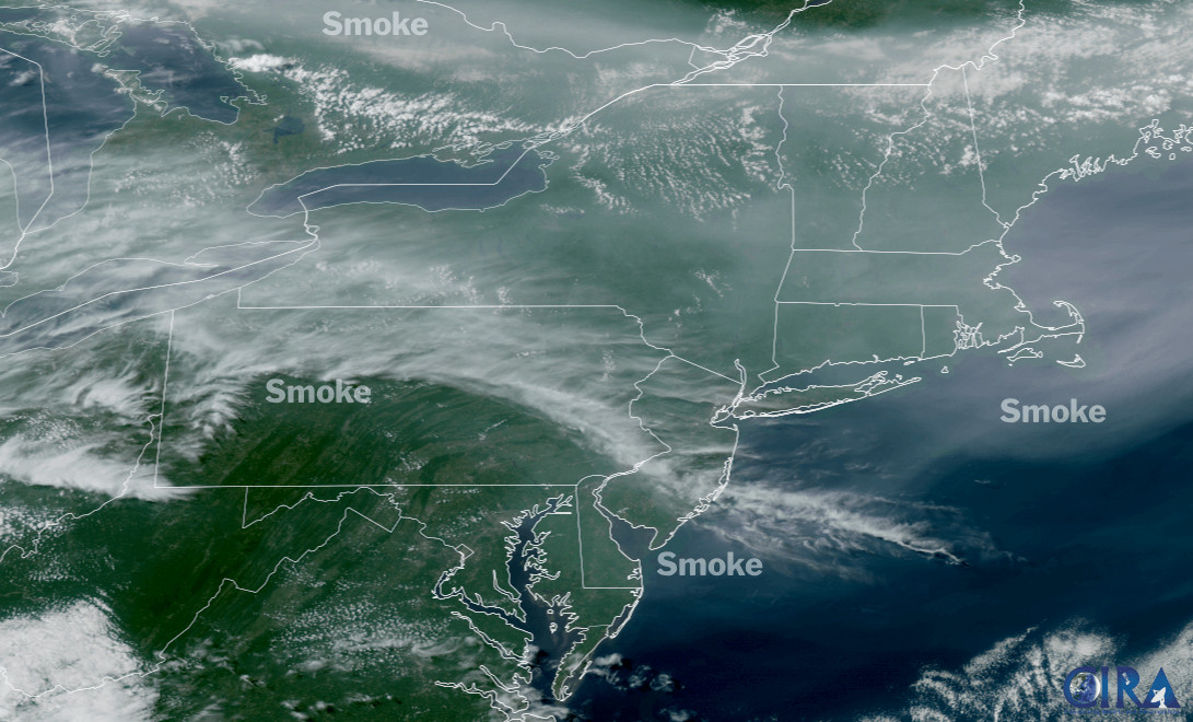 Smoke on satellite this afternoon. It is thickest from central PA northward into New York and New England. 