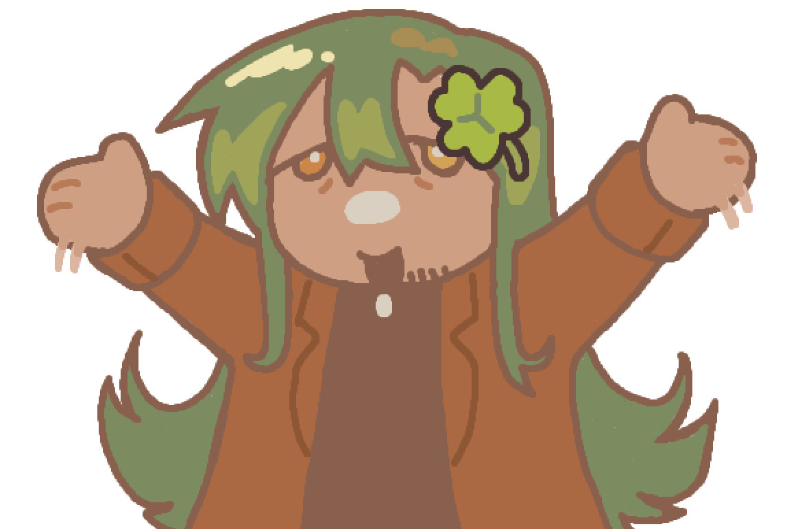 a long-haired green man with a clover hairclip waving at the viewers