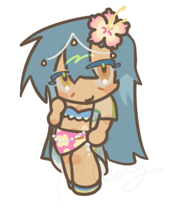 a long-haired blue woman wearing a beach outfit with beach rose flower on her hair