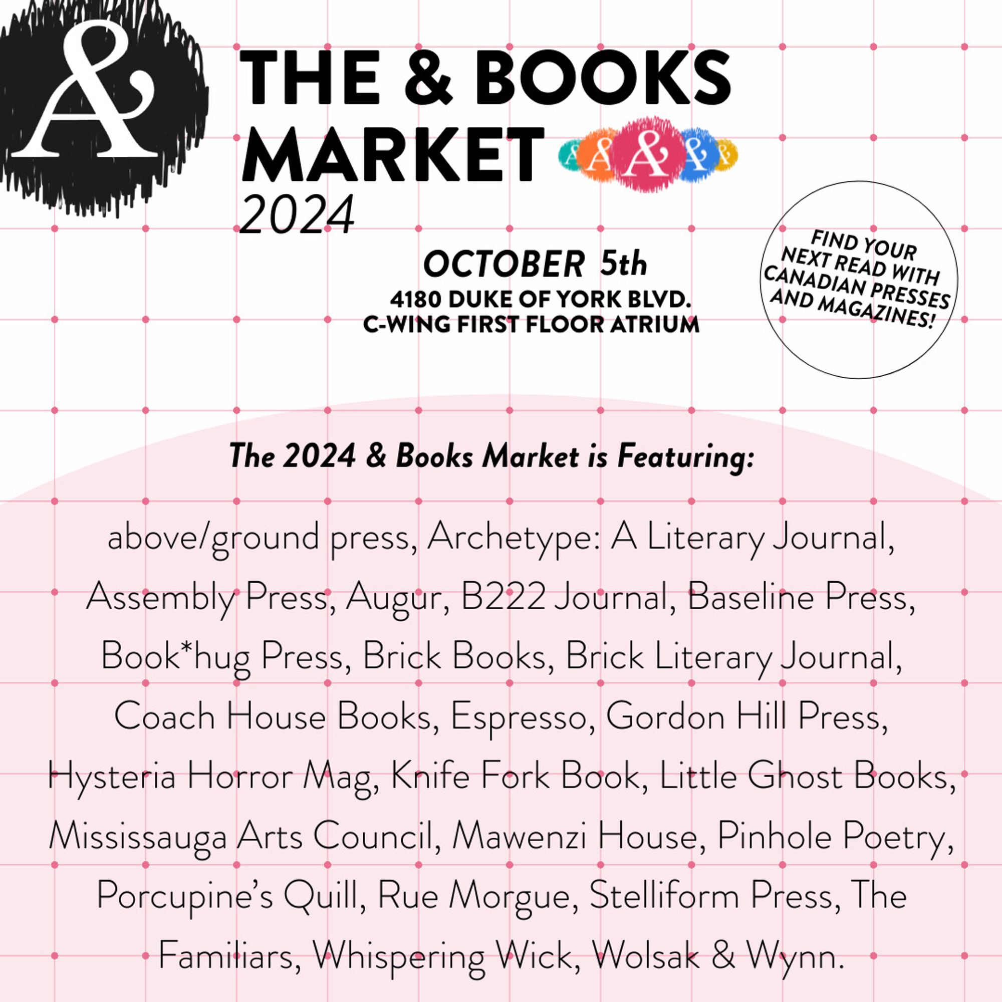 A poster for the & Books Market, featuring Augur, Baseline, Book Hug, and more!