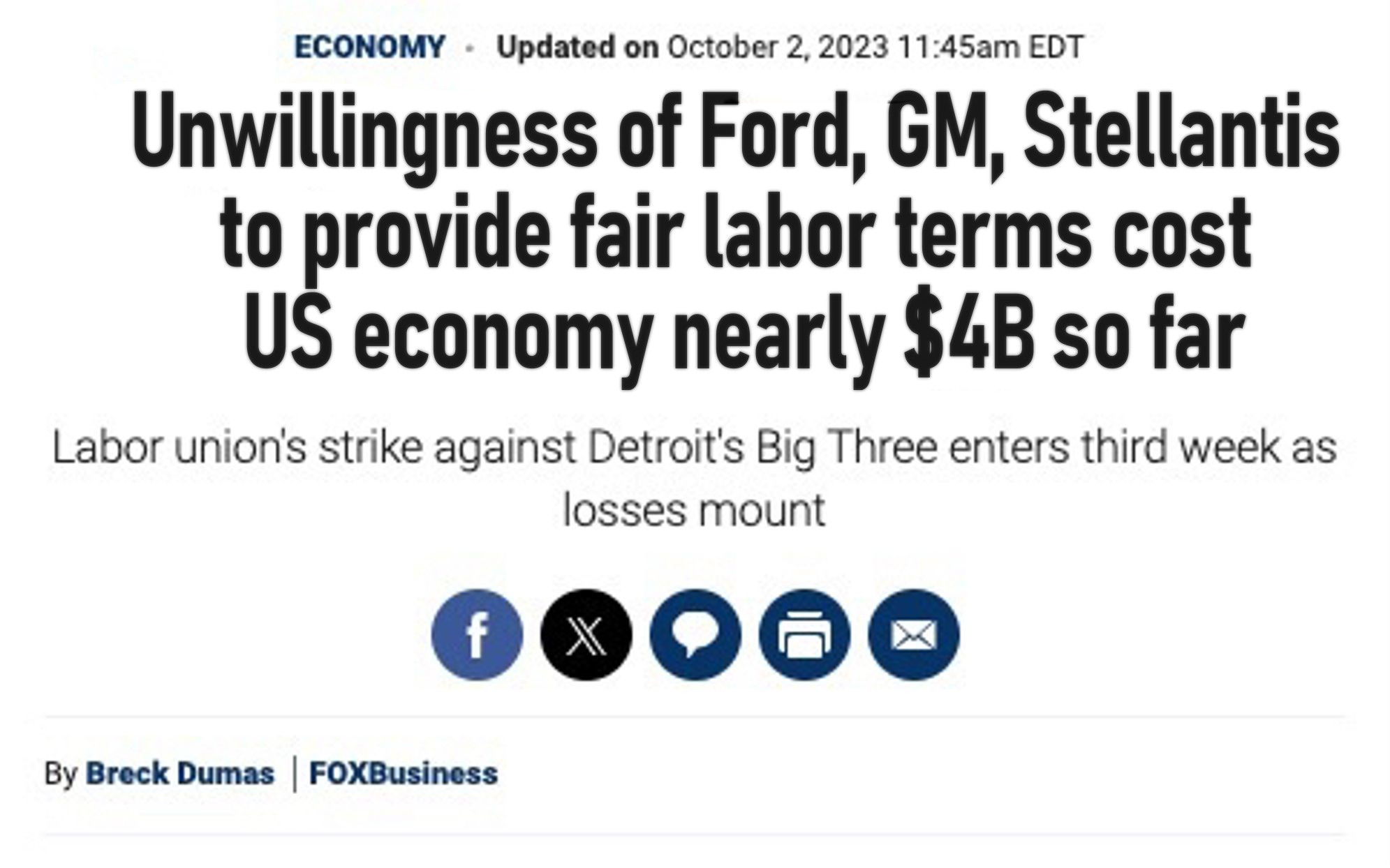 FOXBusiness headline altered to now read
Unwillingness of Ford, GM, Stellantis to provide fair labor terms caost US economy nearly $4B so far