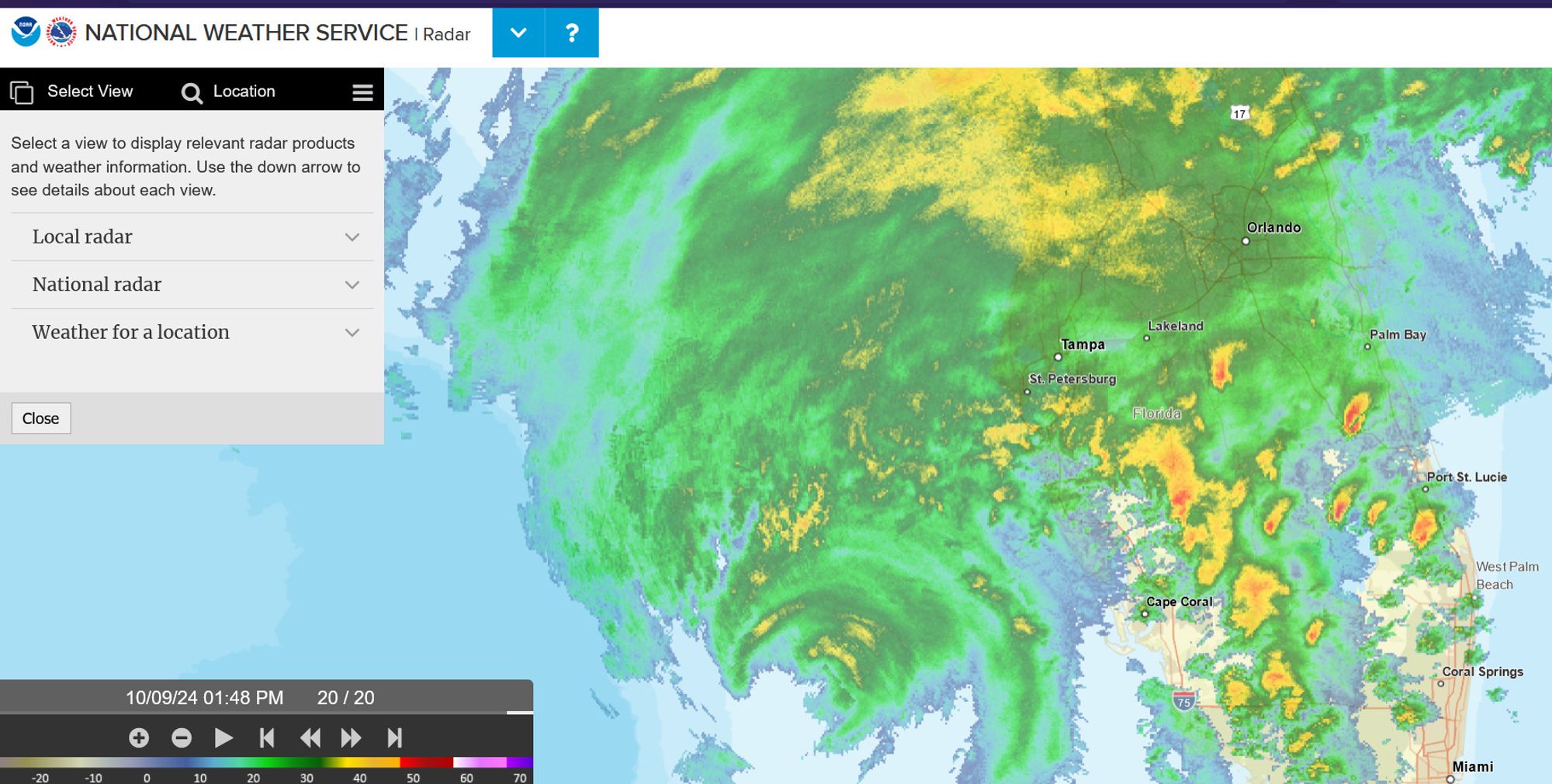 A screenshot from the National Weather Service Radar of Milton at 1:48 pm EST just southwest of Florida. Nearly all of Florida is obscured by green red and orange swirls of color.