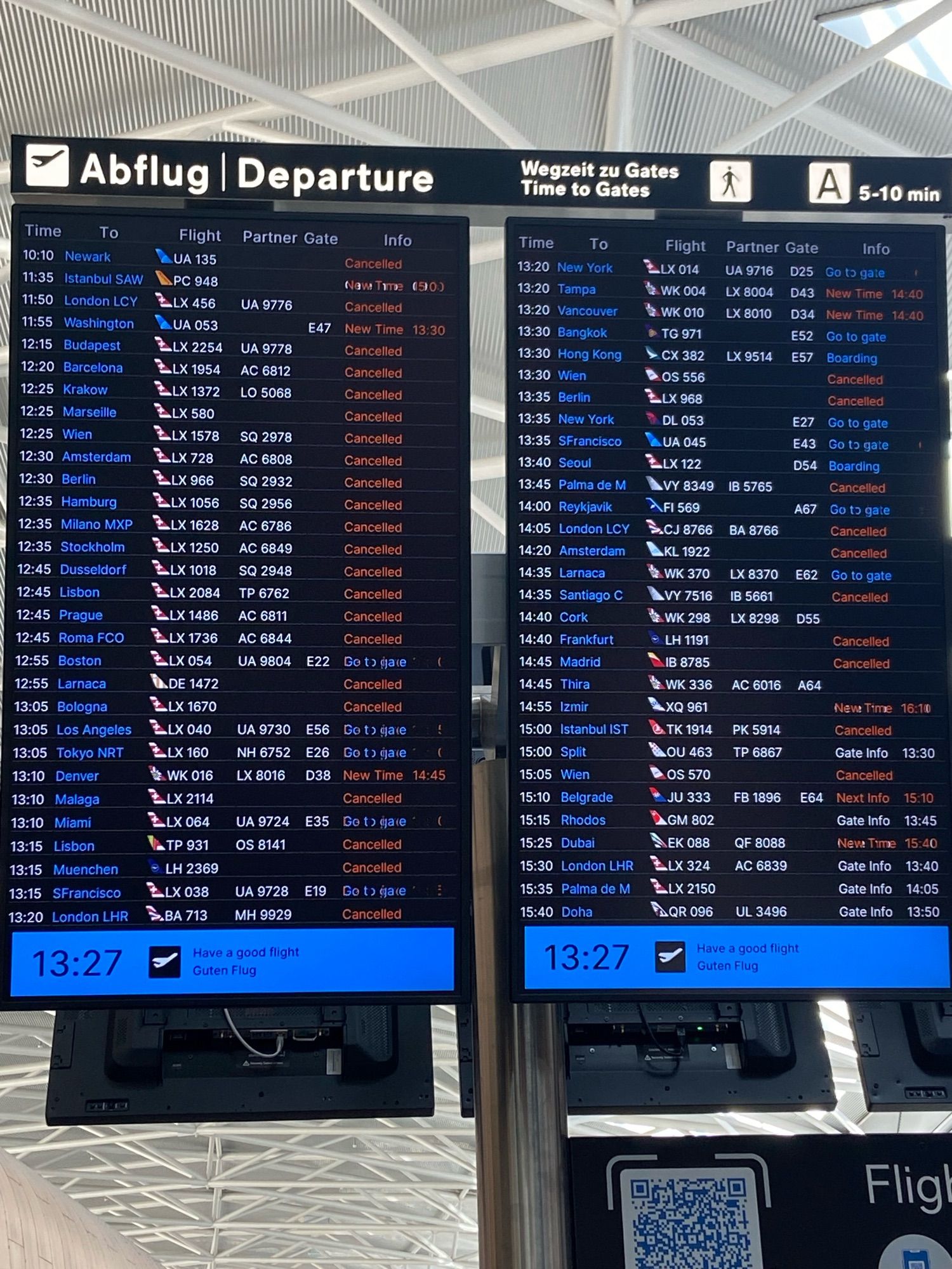 Flight board with many cancellations