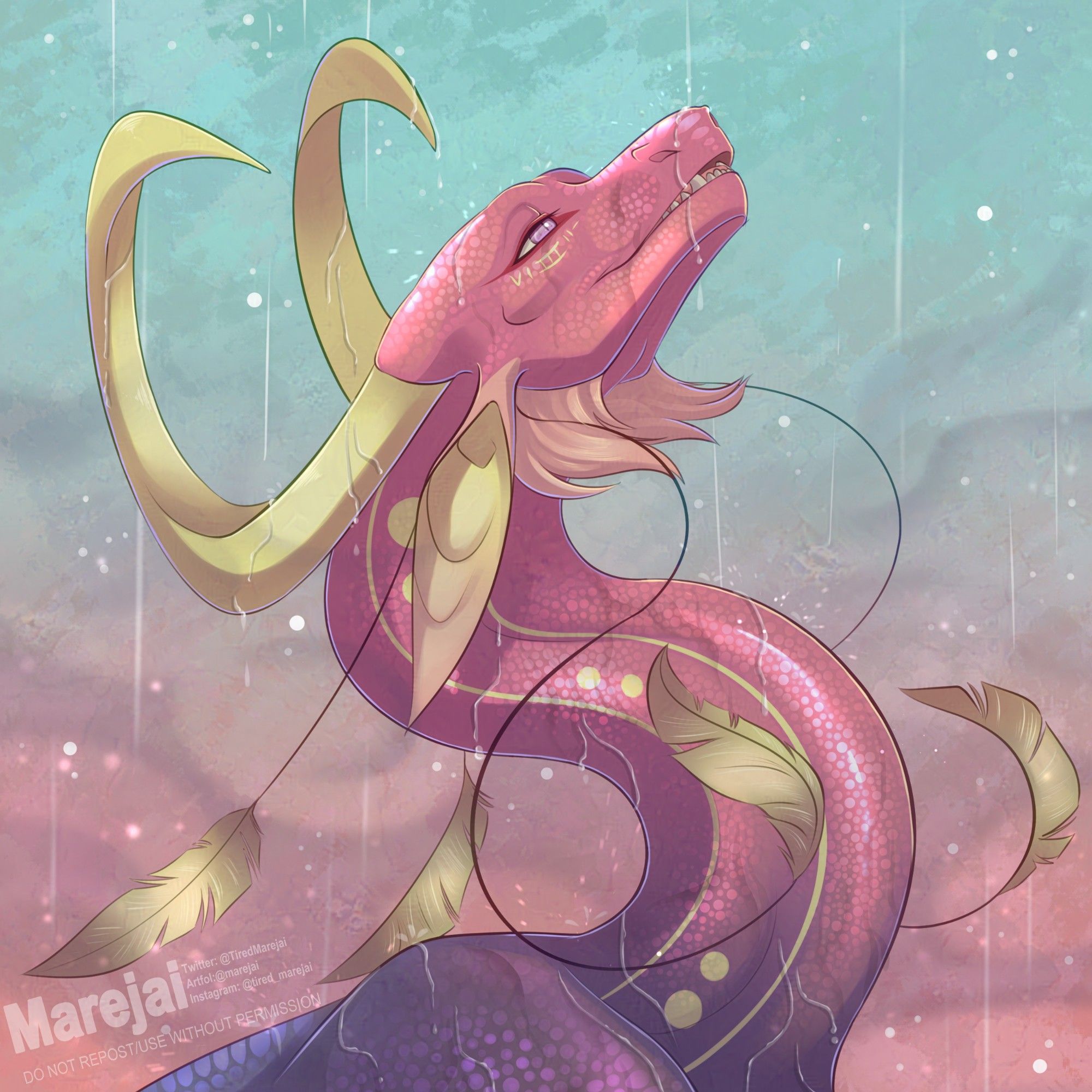 Picture of a pink dragon with golden horns, feathers and markings looking up at the rainy sky with a serene look on her face.