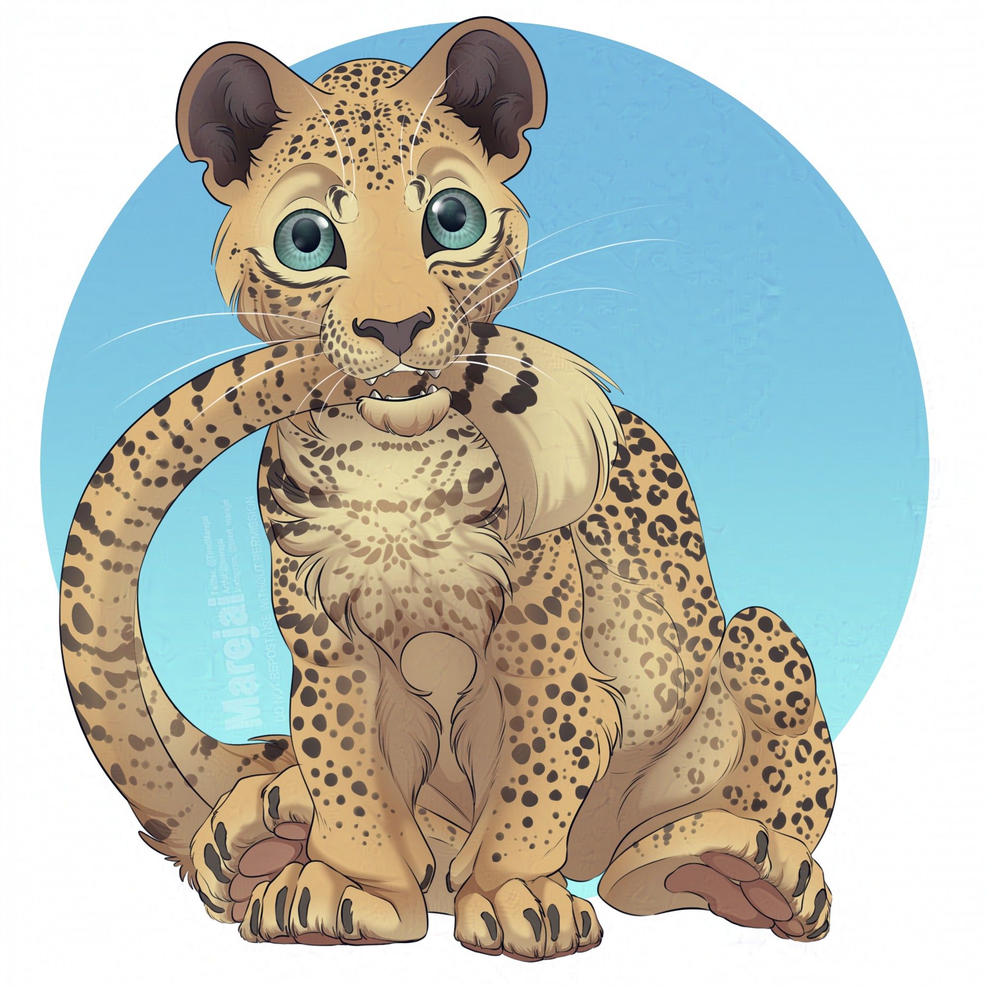 A drawing of a leopard cub sitting down looking with big curious blue eyes at the camera with his tail in his mouth