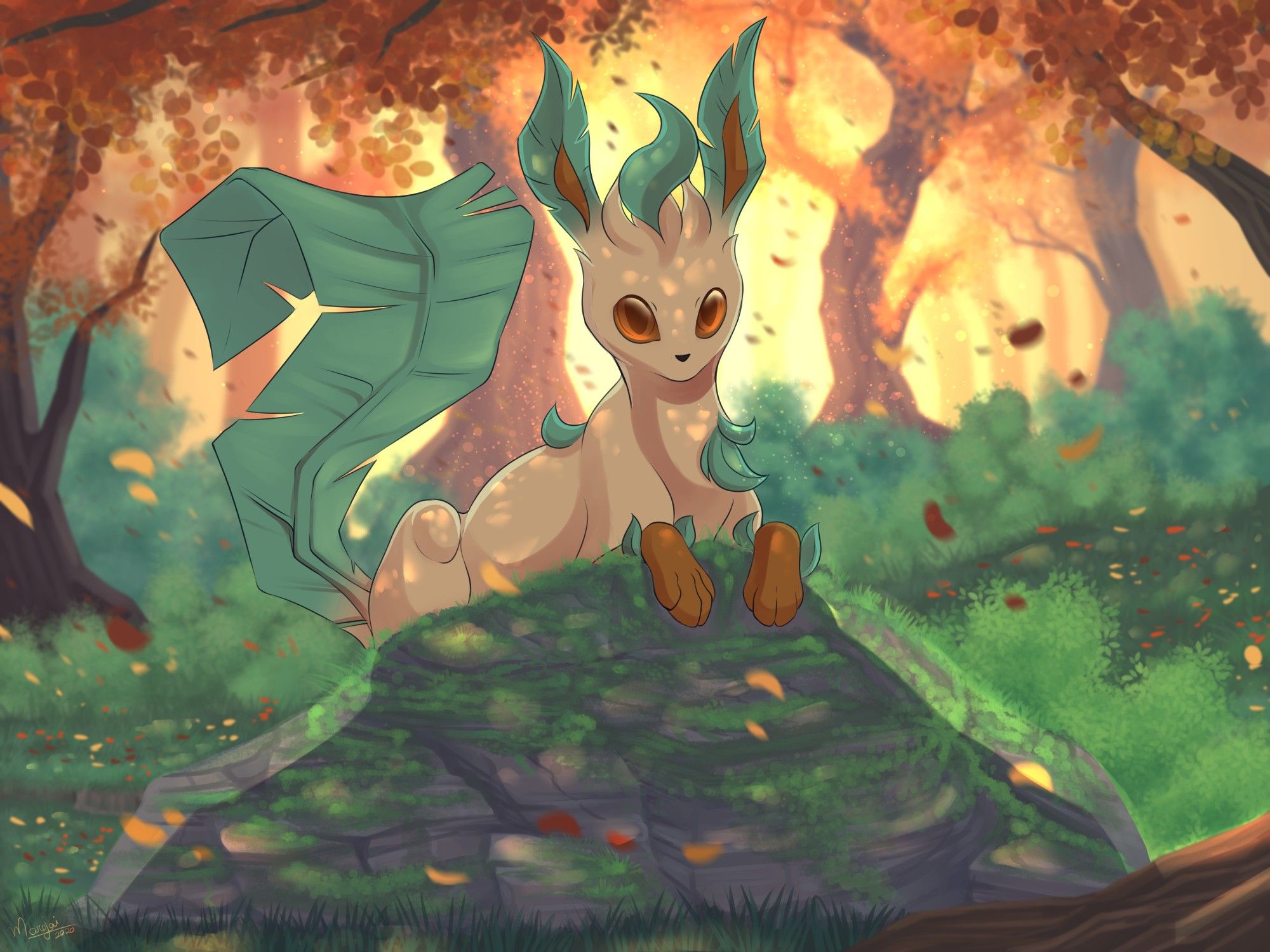 a picture of the pokemon Leafeon lying down on a stone surrounded by a forest. the leaves in the trees are brown and orange and some of them are falling, signaling the arrival of autumn