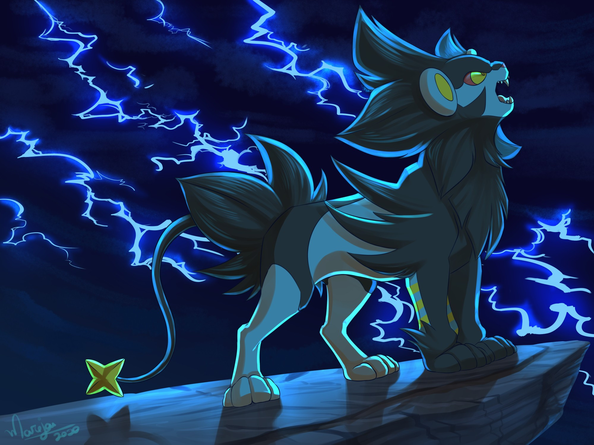 a picture of the pokemon  Luxray, an electric type blue pokemon with a black mane that resembles a lion. Luxray is standing at the edge of a stone and as he roars to the the skies thunder strikes behind him. the picture is a clear reference to the final scene of the lion king after Simba defeats Scar and becomes the king.