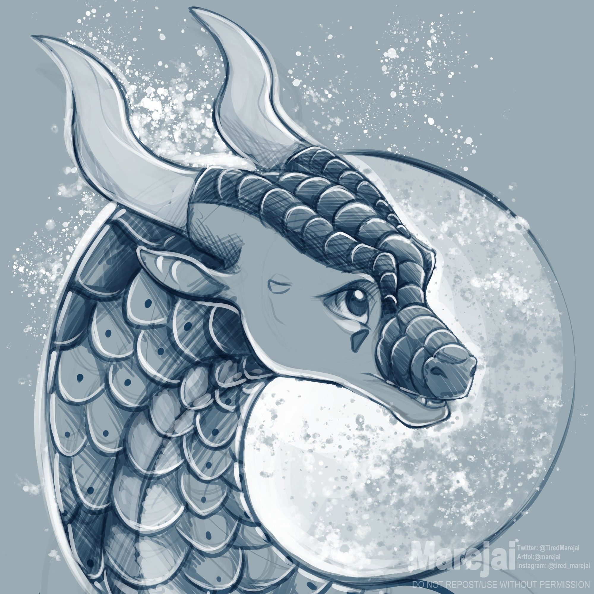 a monochrome portrait of the character Moonwatcher, a dark blue dragon from the series Wings of Fire. The character has a neutral expression on their face and their head is framed by the moon