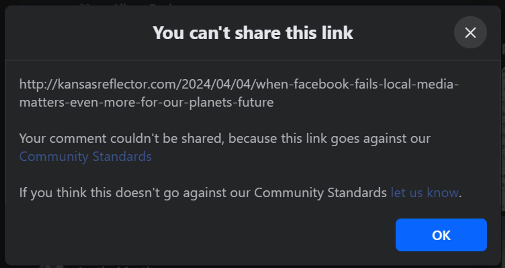 Facebook warning "You can't share this link" with no details given other than "goes against our community standards".