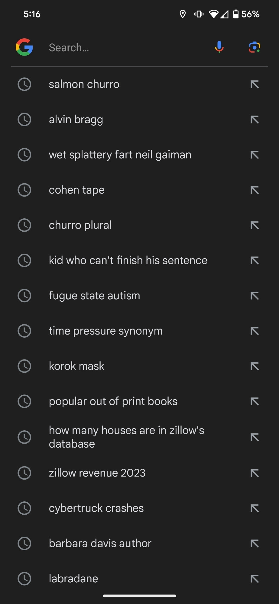 A screenshot of my Google search history from today reads...

salmon churro
alvin bragg
wet splattery fart neil gaiman
cohen tape
kid who can't finish his sentence
fugue state autism
time pressure synonym 
korok mask
popular out of print books
how many houses are in zillow's database
zillow revenue 2023
cybertruck crashes
barbara davis author
labradane