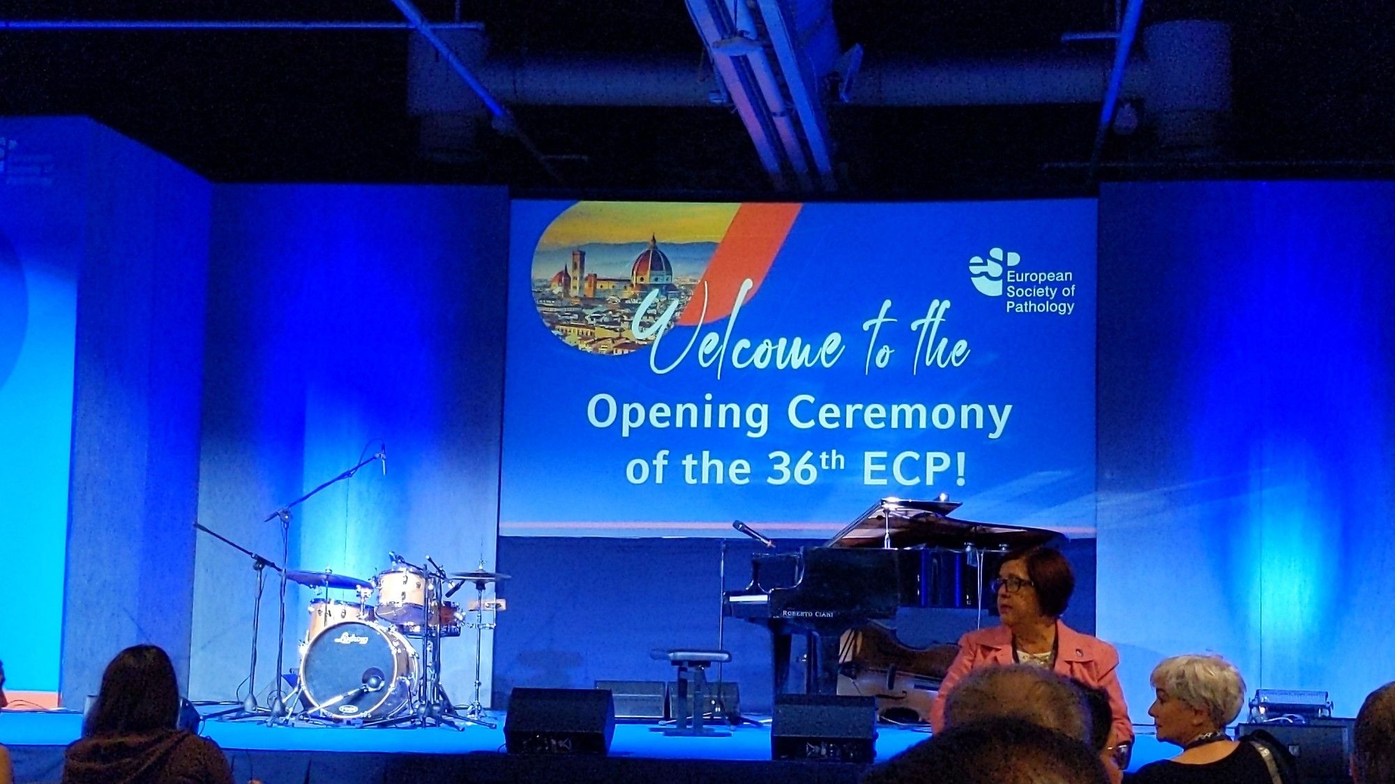 Opening ceremony of the European Congress of Pathology, showing a Piano and a drum set