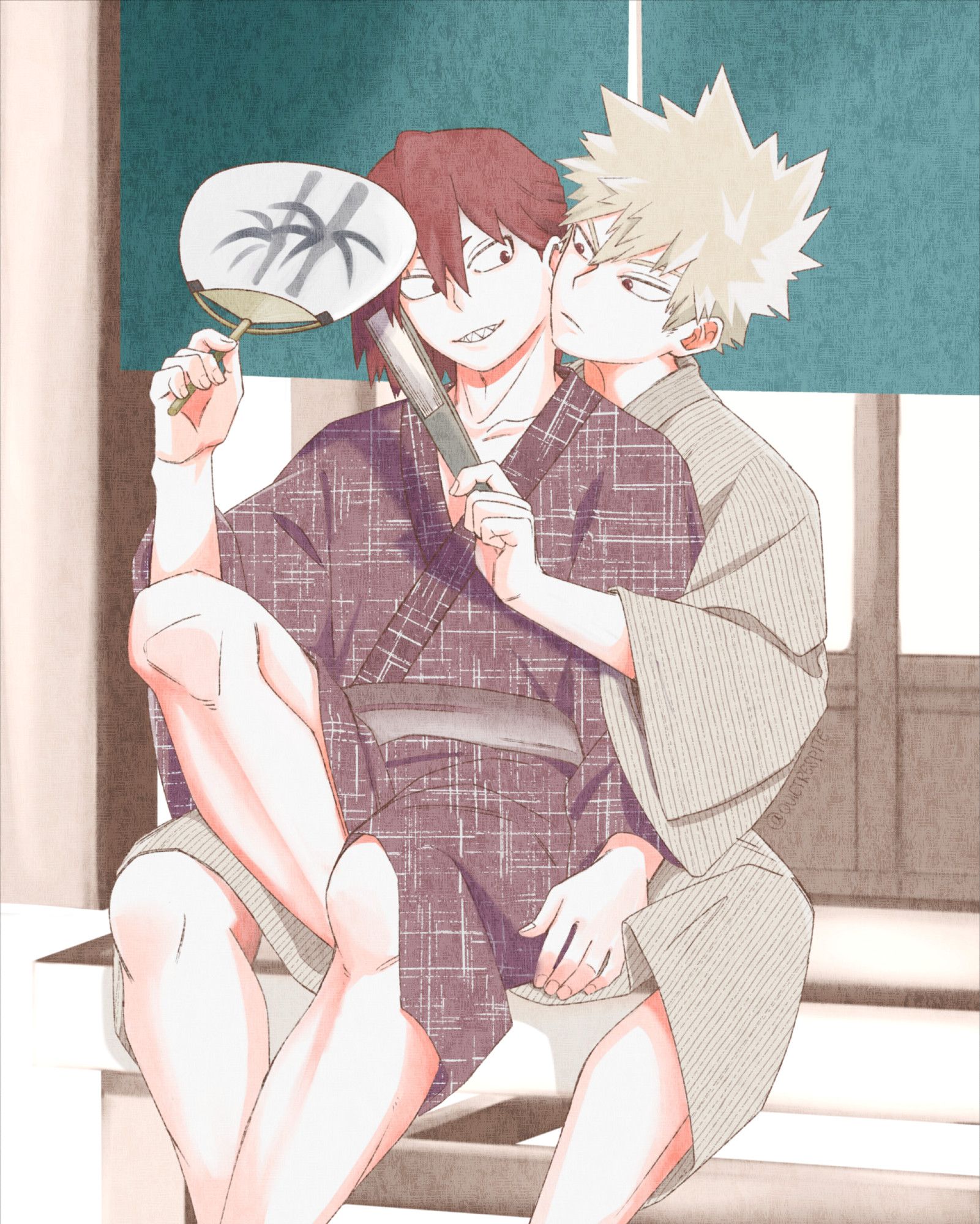 Kiribaku wearing yukata while sitting at an engawa. Kirishima sits between Bakugou's legs while holding an uchiwa with his right hand lightly touching his forehead. Bakugou uses a closed hand fan to tilt Kirishima's face his way.