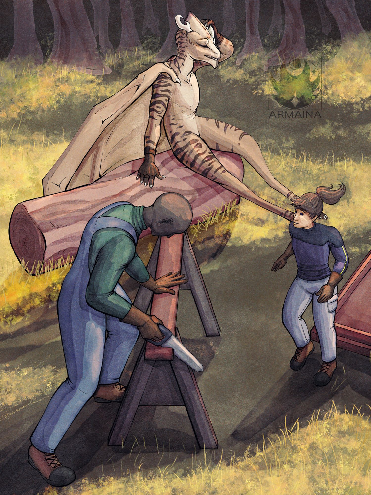 A digital art piece drawn by OP, Armaina.

Image depicts a scene of three subjects viewed from a slightly elevated perspective looking down. All are outside, in the wilderness, during the day. 

At the right a young girl, Talon runs up to another in the group, on the ground behind her is the start of a frame for a clubhouse

At the left stands Talon's mother, Tlakanok, who is leaning over a saw bench sawing off the end of a plank of wood. 

At the top of an image, sitting on a log, is Xiktali, who is wiping off the sweat of her brow and resting.