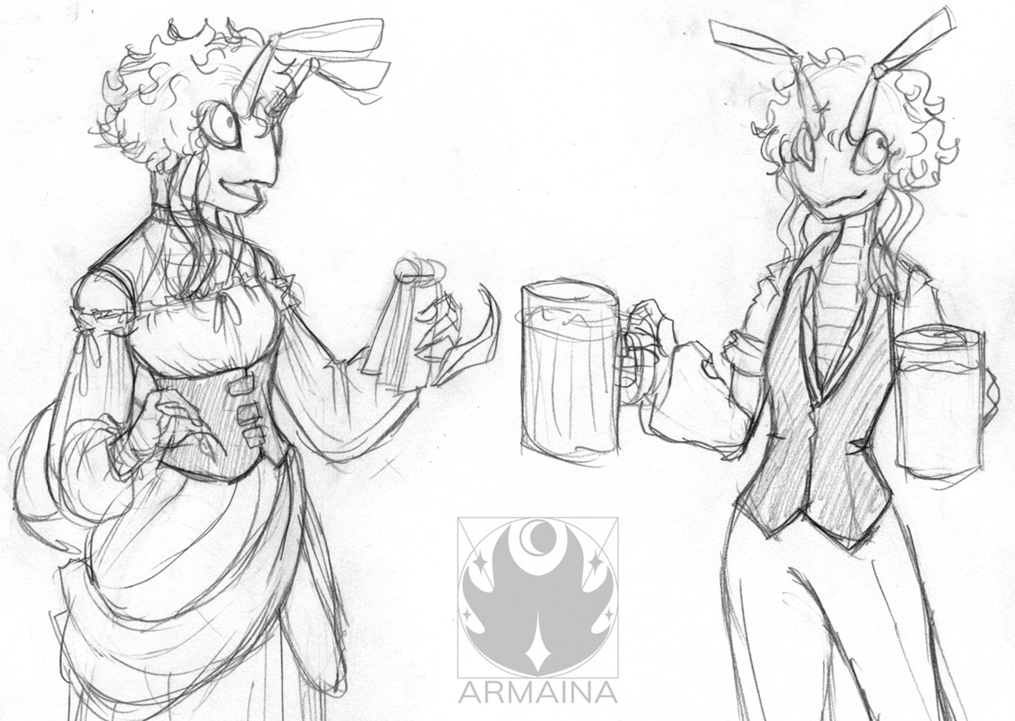 a set of scanned sketches by the OP, Armaina, featuring her character Naelynn. 

Image depicts two sketches of the character in different outfits. The left is a more 'fantasy tavern' look with a waist corset, loose off the shoulder top with long sleeves and a wrapped skirt.  The right is the same character in a button shirt that's only partially buttoned with a vest and slacks.