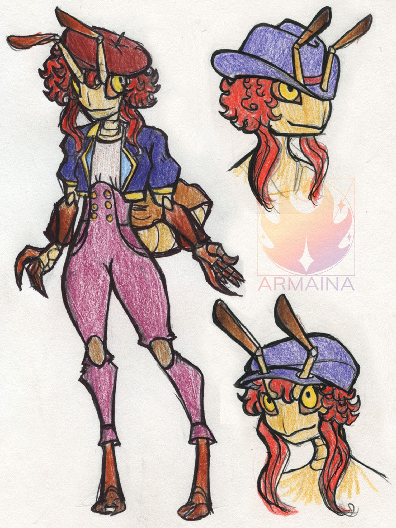 A scanned piece of illustration by the OP, Armaina.

Image includes an anthropomorphic bug type character, a full body image to the left and two headshots to the right.

the image to the left depicts the character in a beret, a crop jacket, and high-waisted long pants. The two headshots depict the same character with different hats, a cowboy hat and a cabbie cap/newsboy cap.