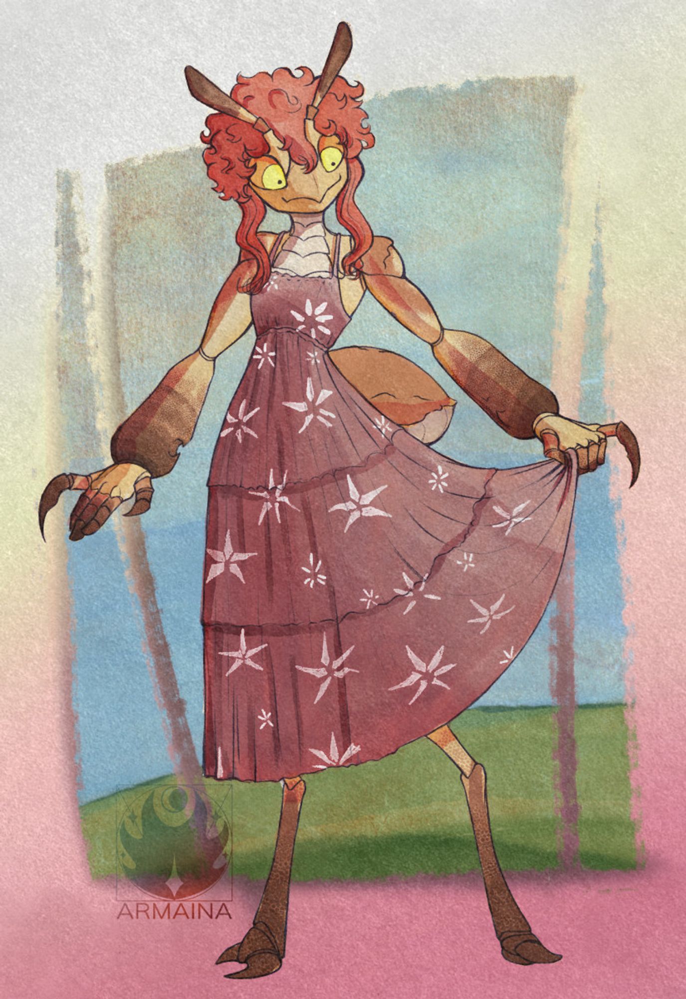 Digital illustration made by, OP, Armaina

Image depicts a bug-like character, Naelynn, in a watercolor-like style, standing in a long sundress that she is holding by the corner and pulling to the side in a stance that suggest she is about to twirl