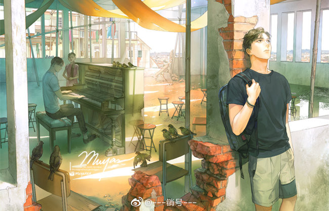 Inside a building, Lin Yan sits at a run-down piano and plays accompaniment while a young girl sings. Mu Kang leans against the exterior of a crumbling brick building, out of sight from the man inside. He is looking upward desolately.