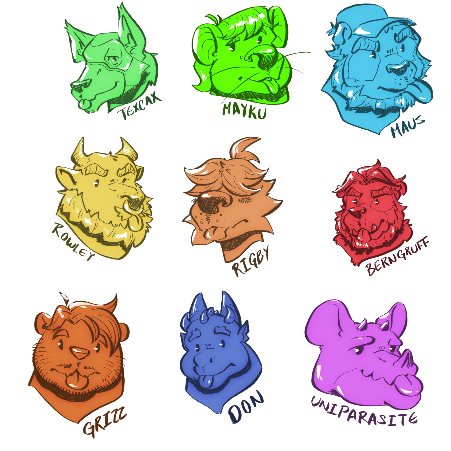 Colourful doodles drawn at Confuror, various fursonas on a 9 by 9 grid with the names being Tezcax, Mayku, Maus, Rowley, Rigby, Berngruff, Grizz, Don and Uniparasite.