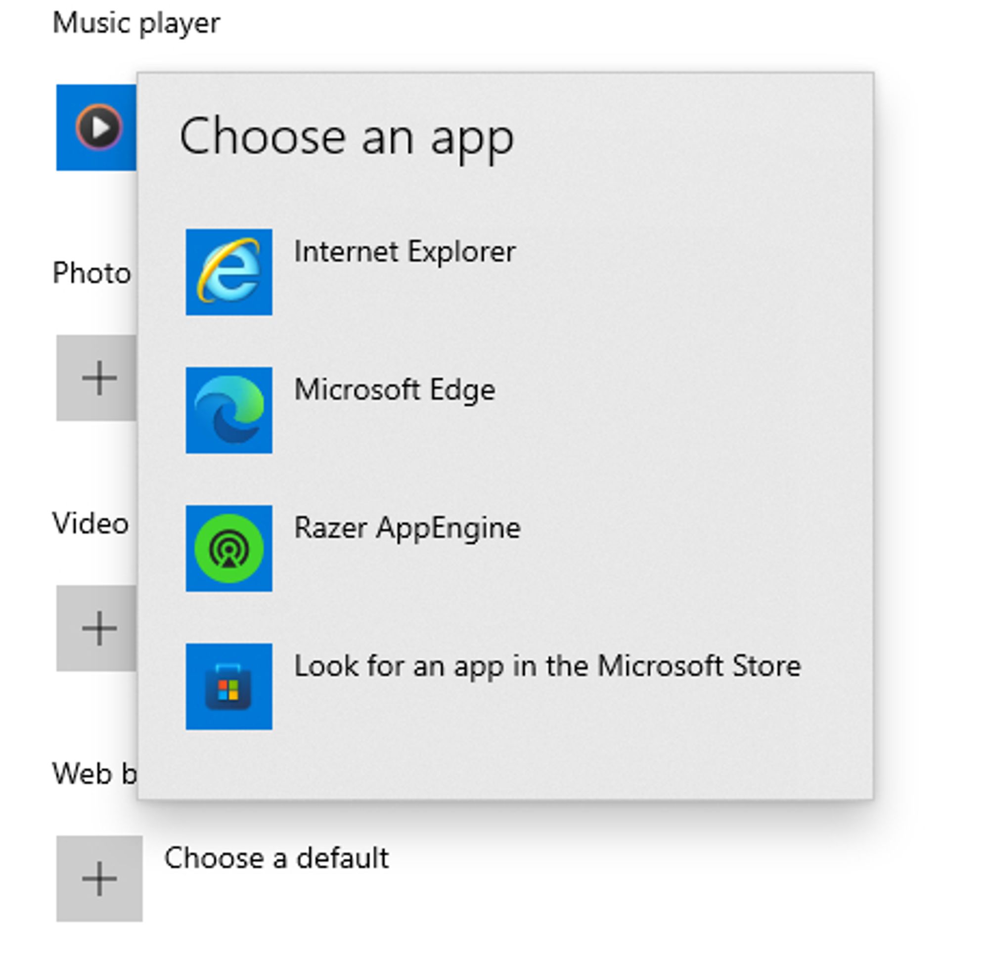 set default web browser dialogue, lists:

internet explorer, microsoft edge, razer appengine, and look for an app in the microsoft store