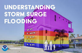 A graphic showing the heights of storm surge on a house slightly above sea level with people.