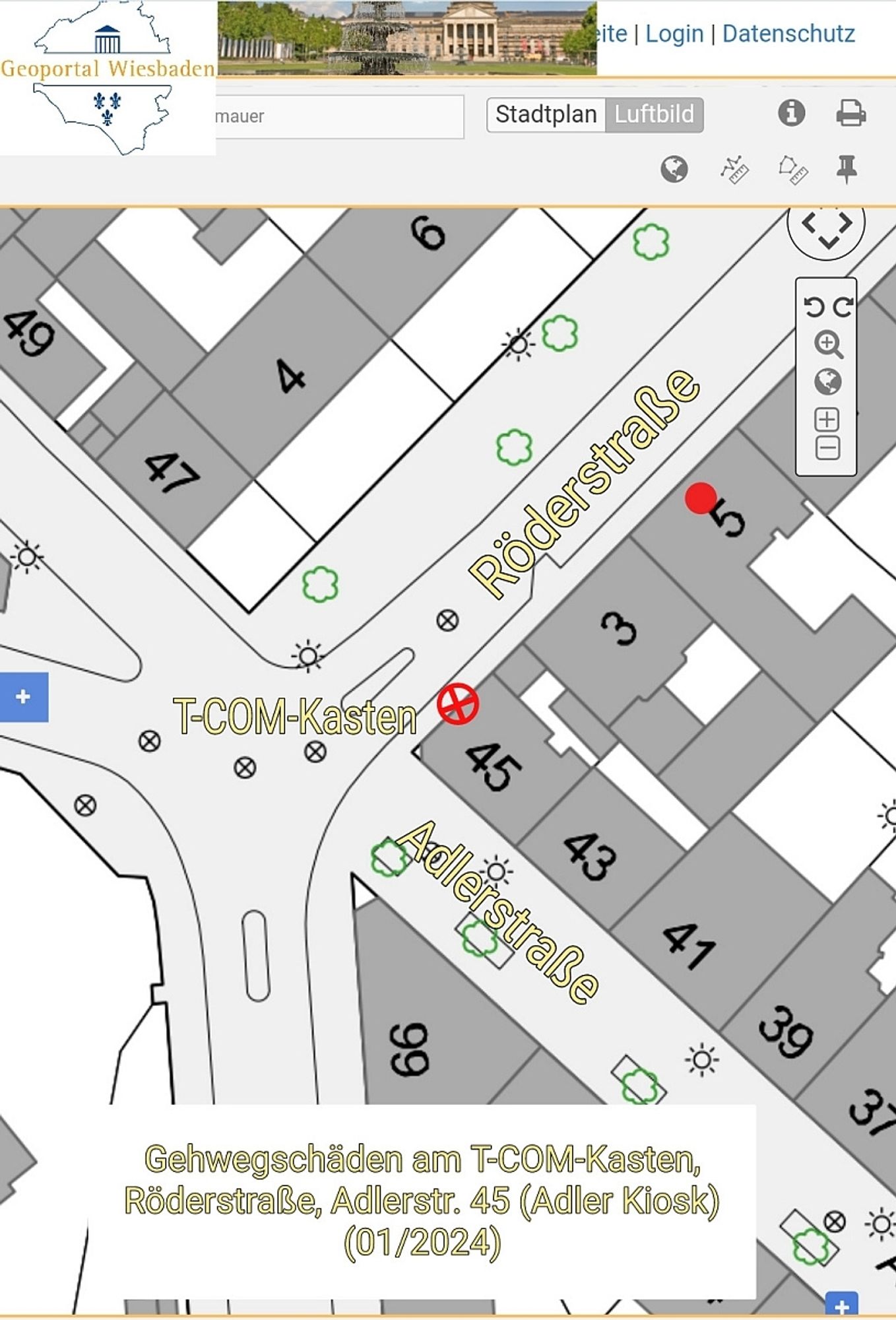 Gehwegschäden am T-COM-Kasten, 65183 Wiesbaden, Röderstraße, Haus Adlerstr. 45 (Adler Kiosk) - LAGEPLAN