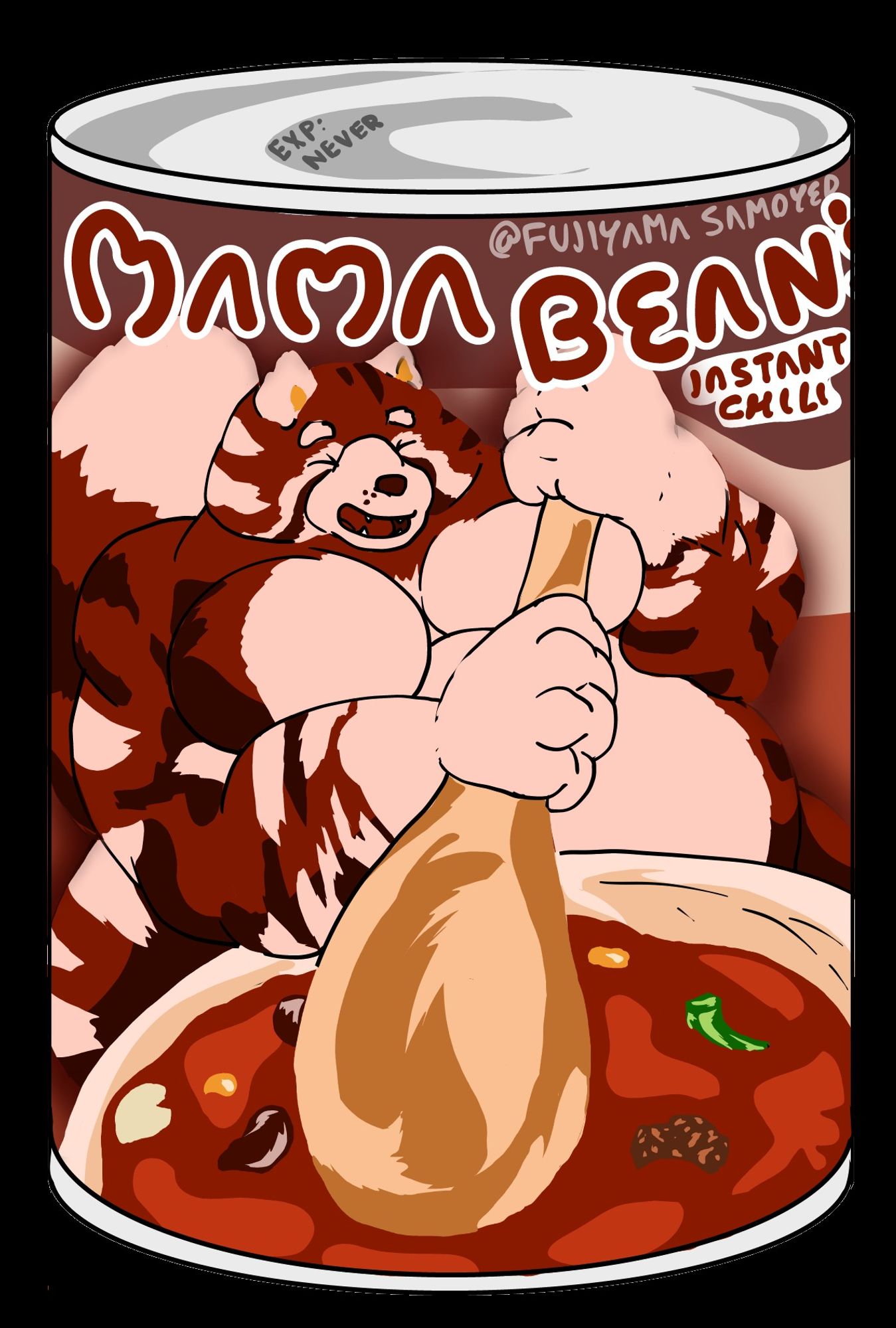 Can of delicious chili, being prepared by a giant red panda mascot